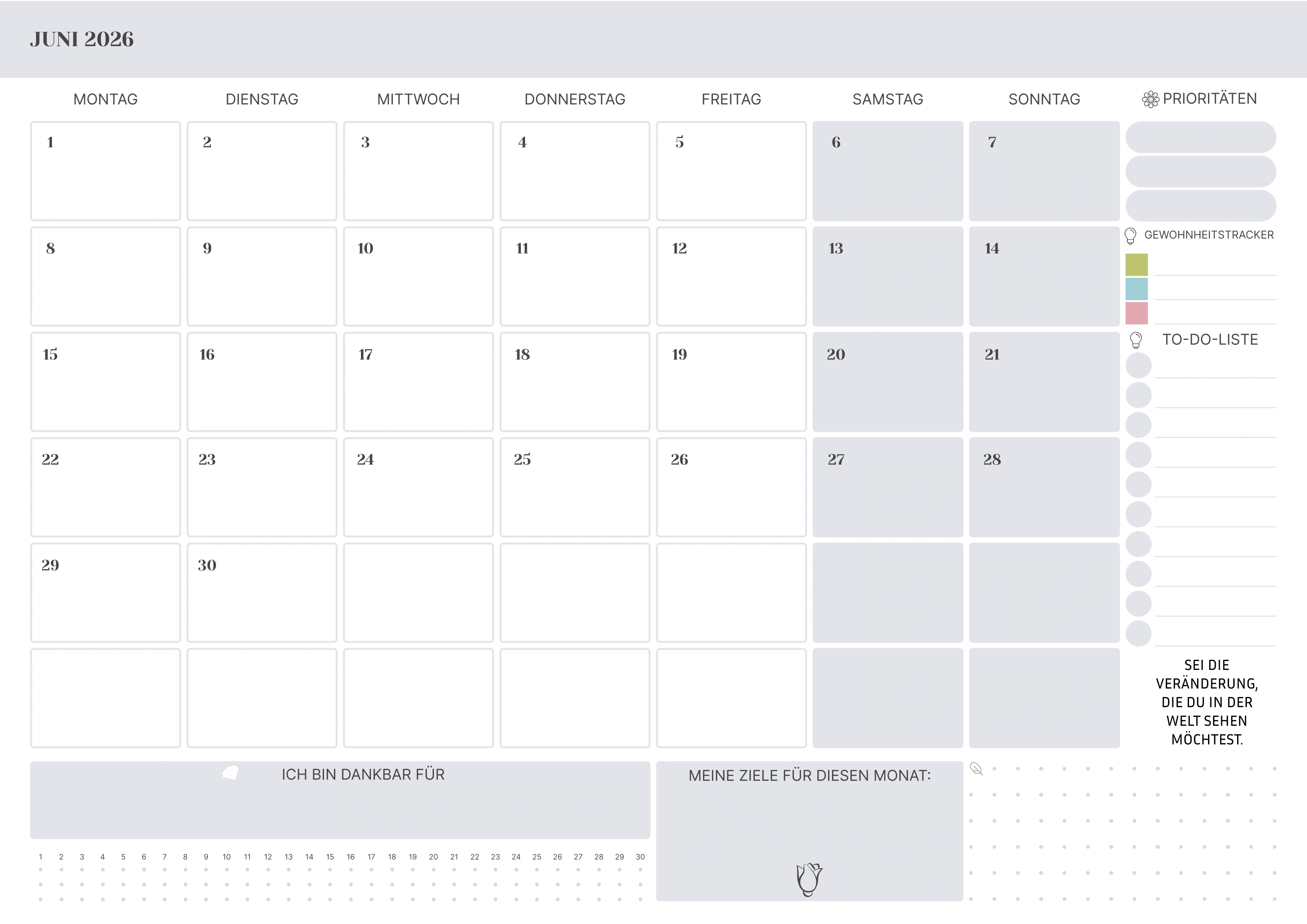 Juni Kalender 2026 mit Feiertagen