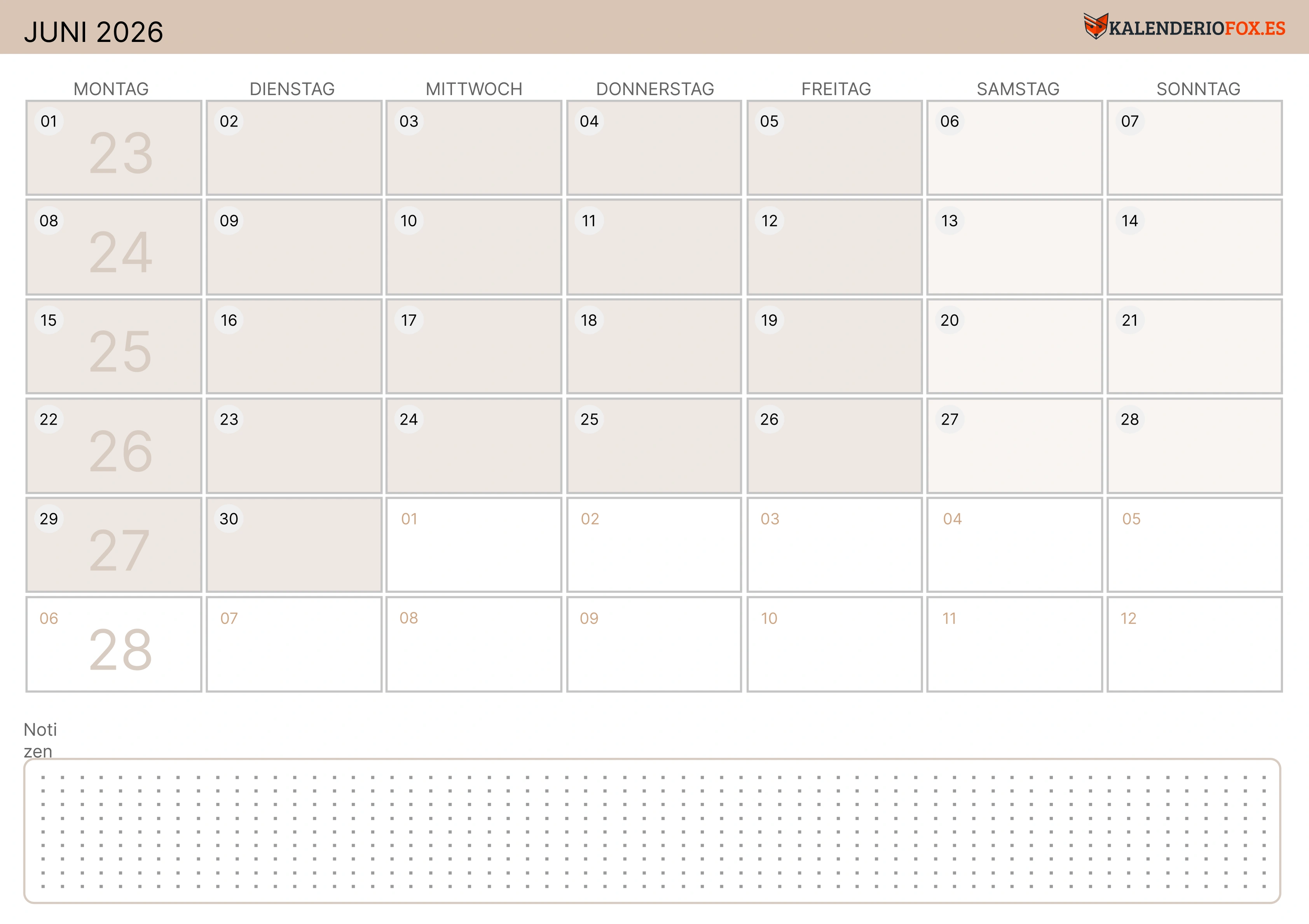 Juni Kalender 2026 Zartes Gelb