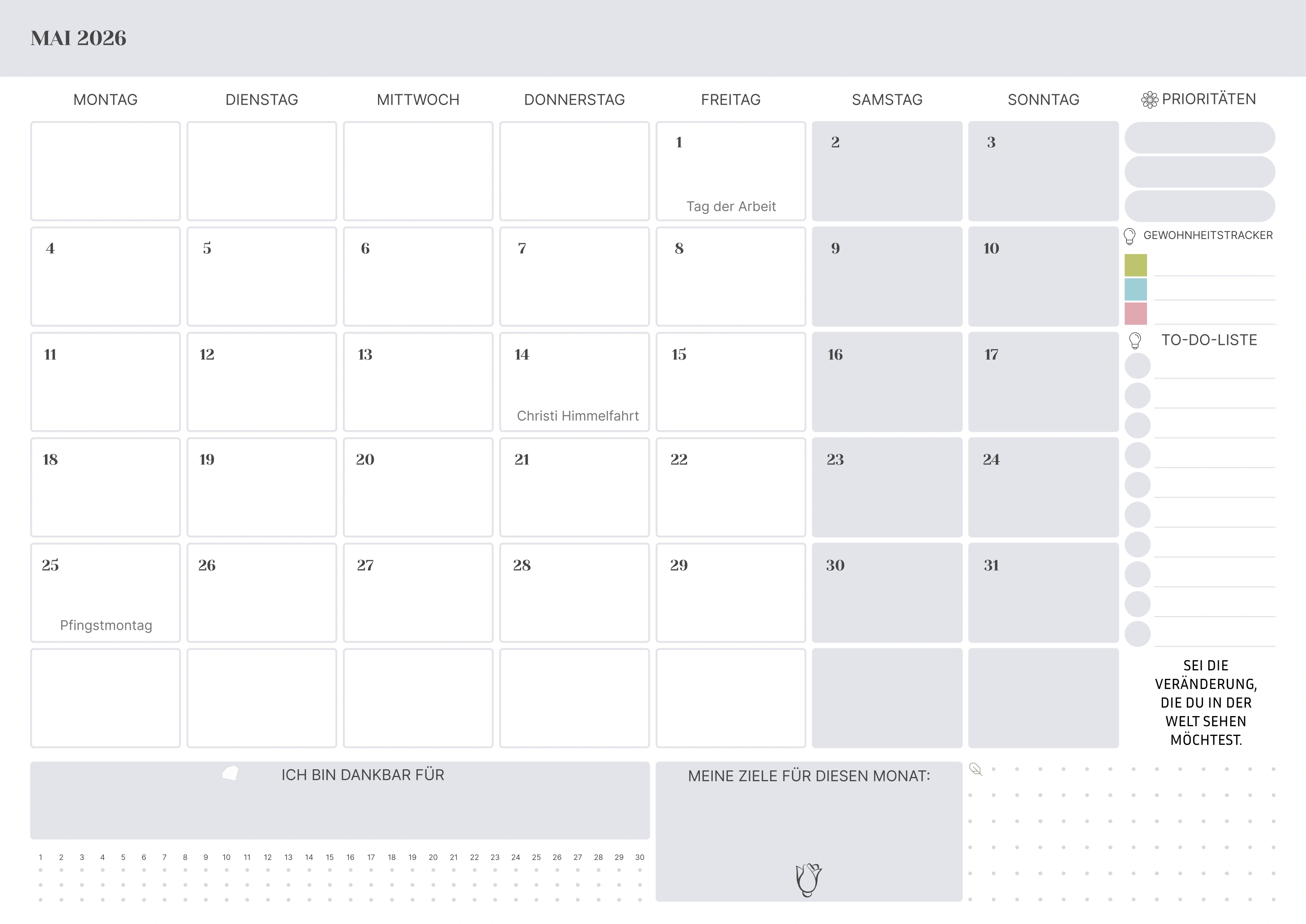 Mai Kalender 2026 mit Feiertagen