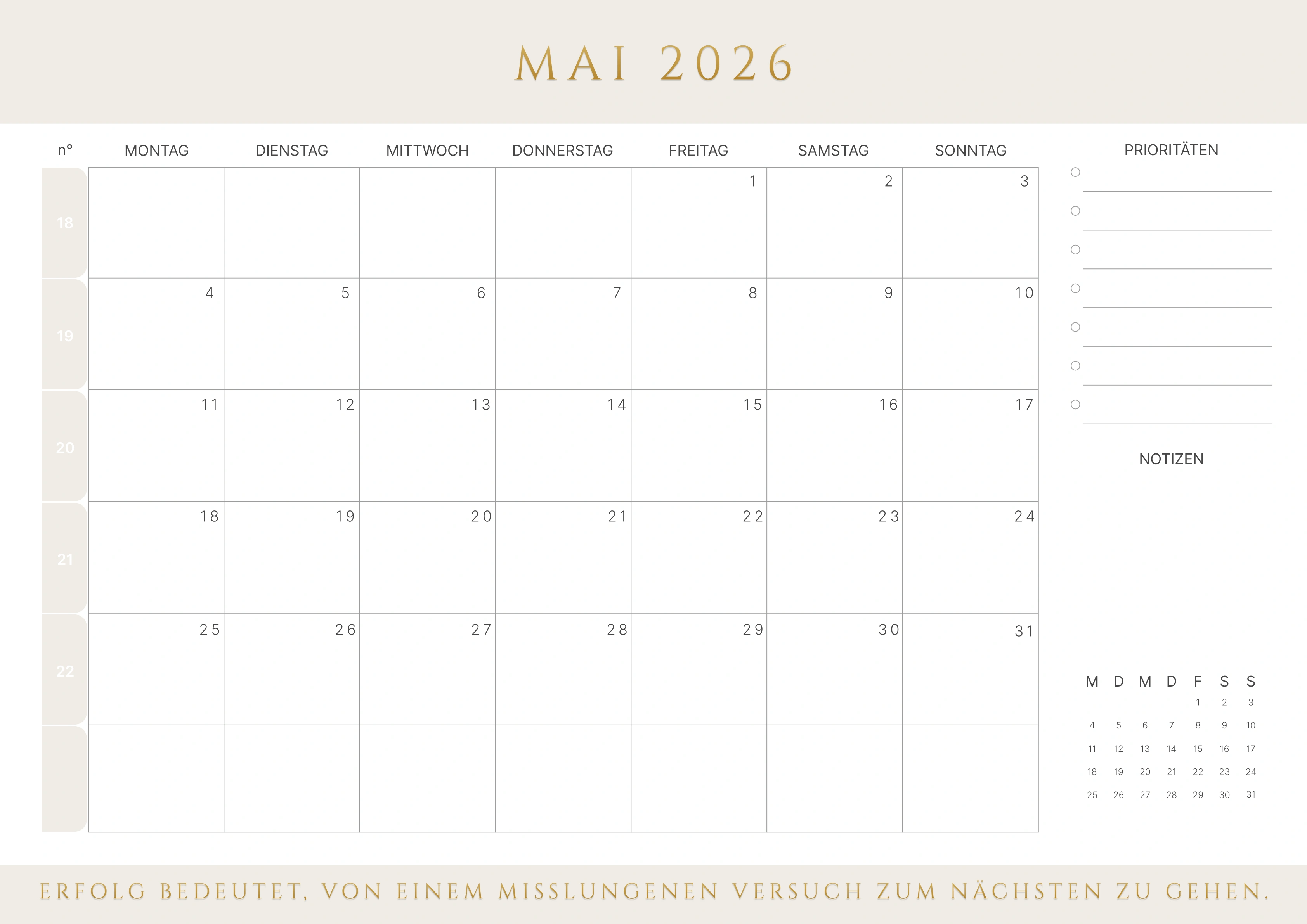 Mai Kalender 2026 mit Kalenderwochen