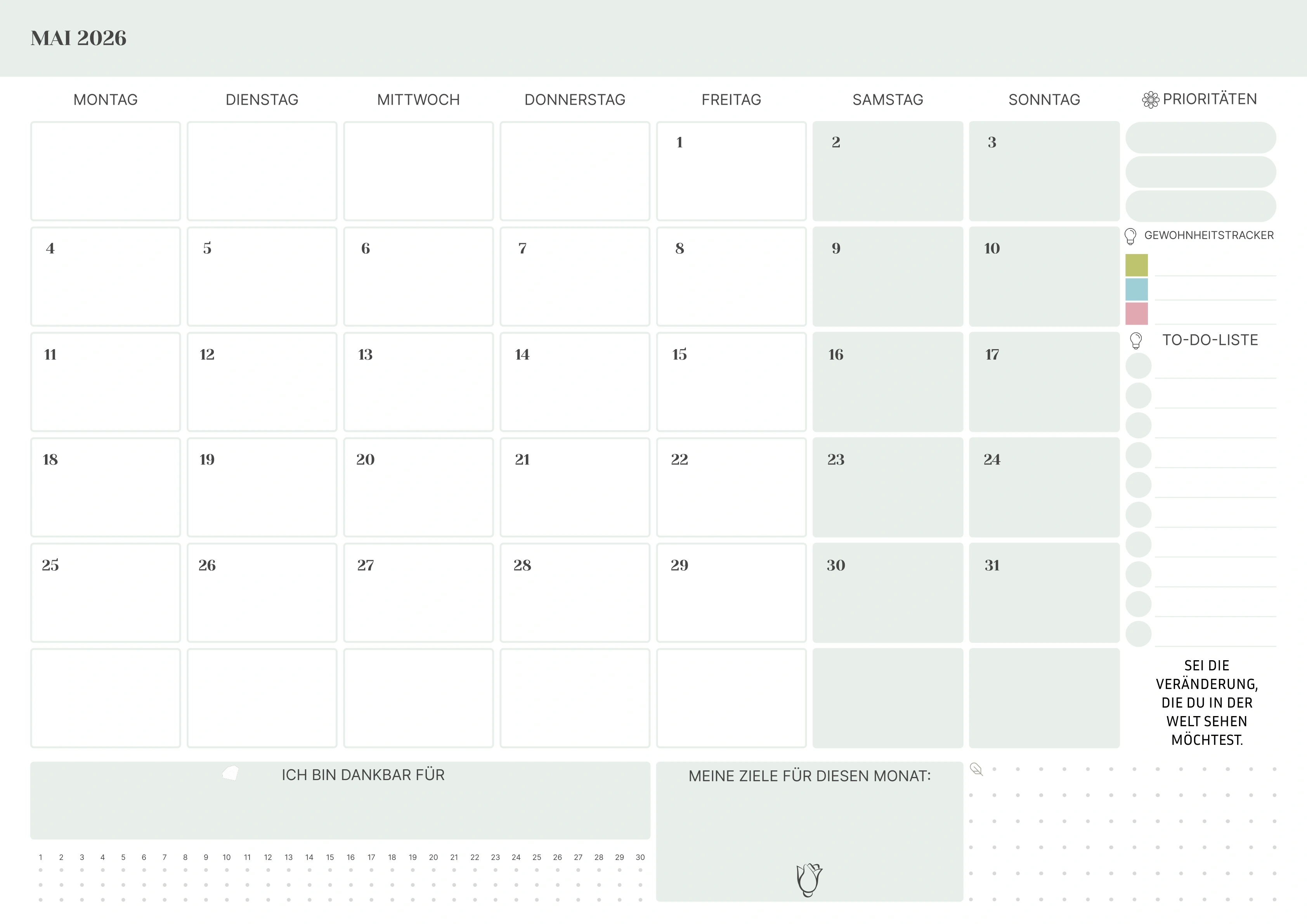 Mai Kalender 2026 mit Prioritäten