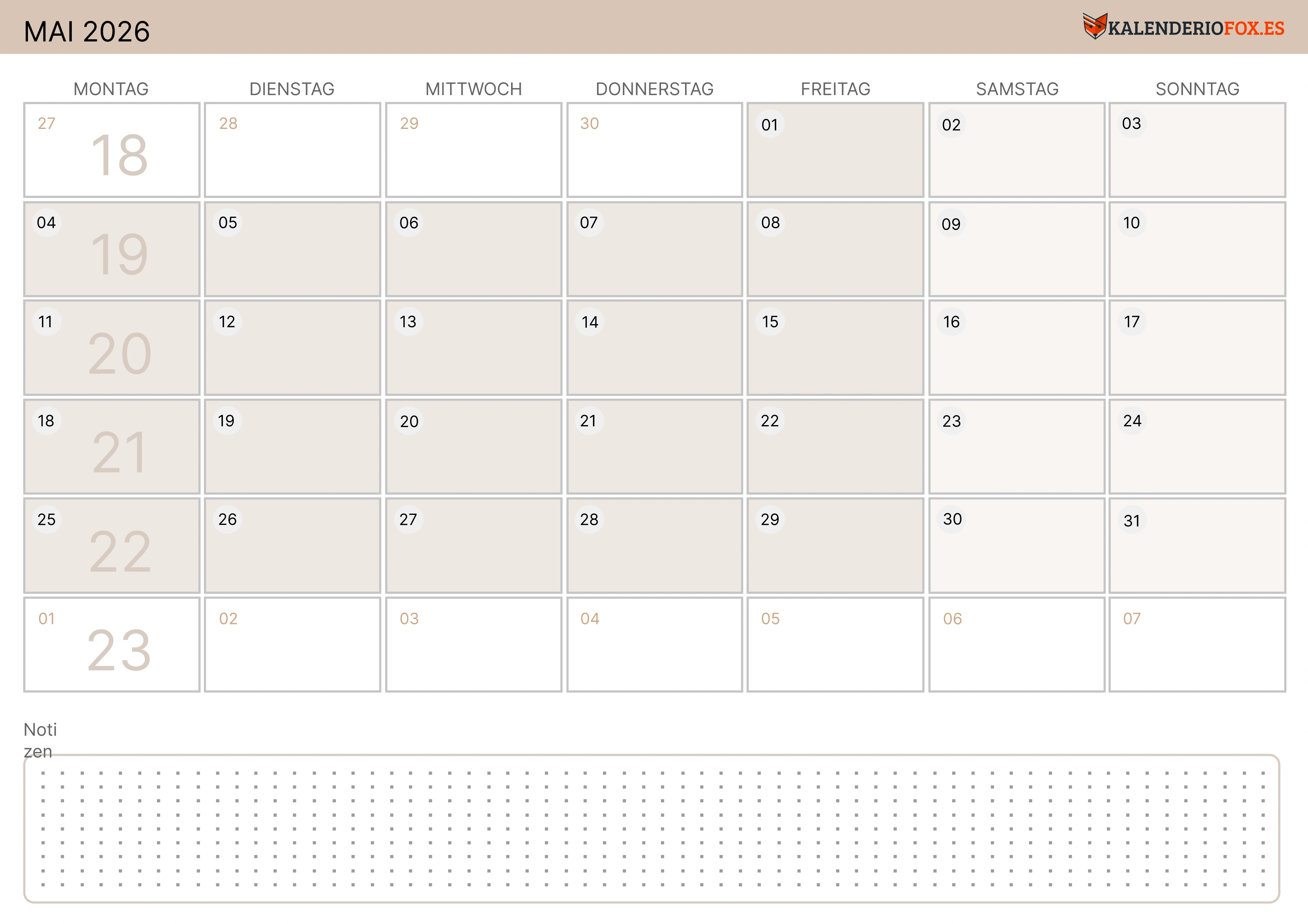 Mai Kalender 2026 Zartes Gelb