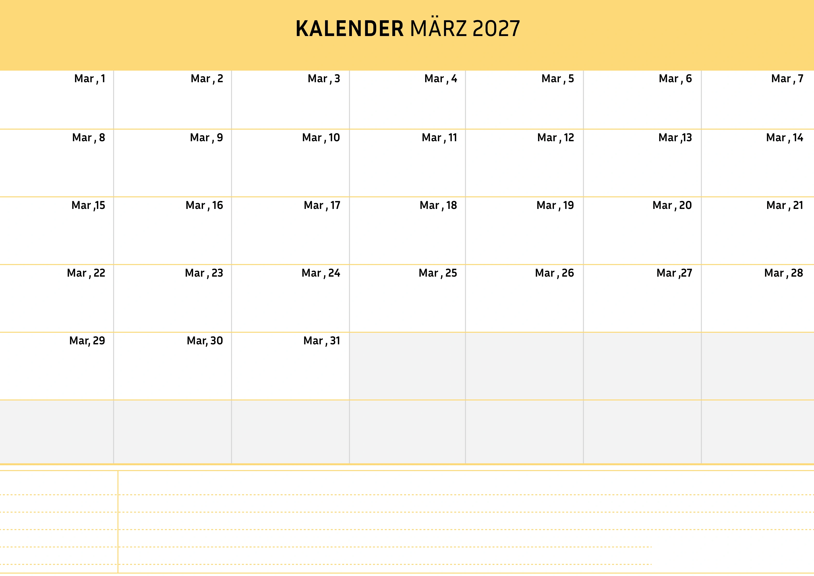 März Kalender 2027 Cremfarben