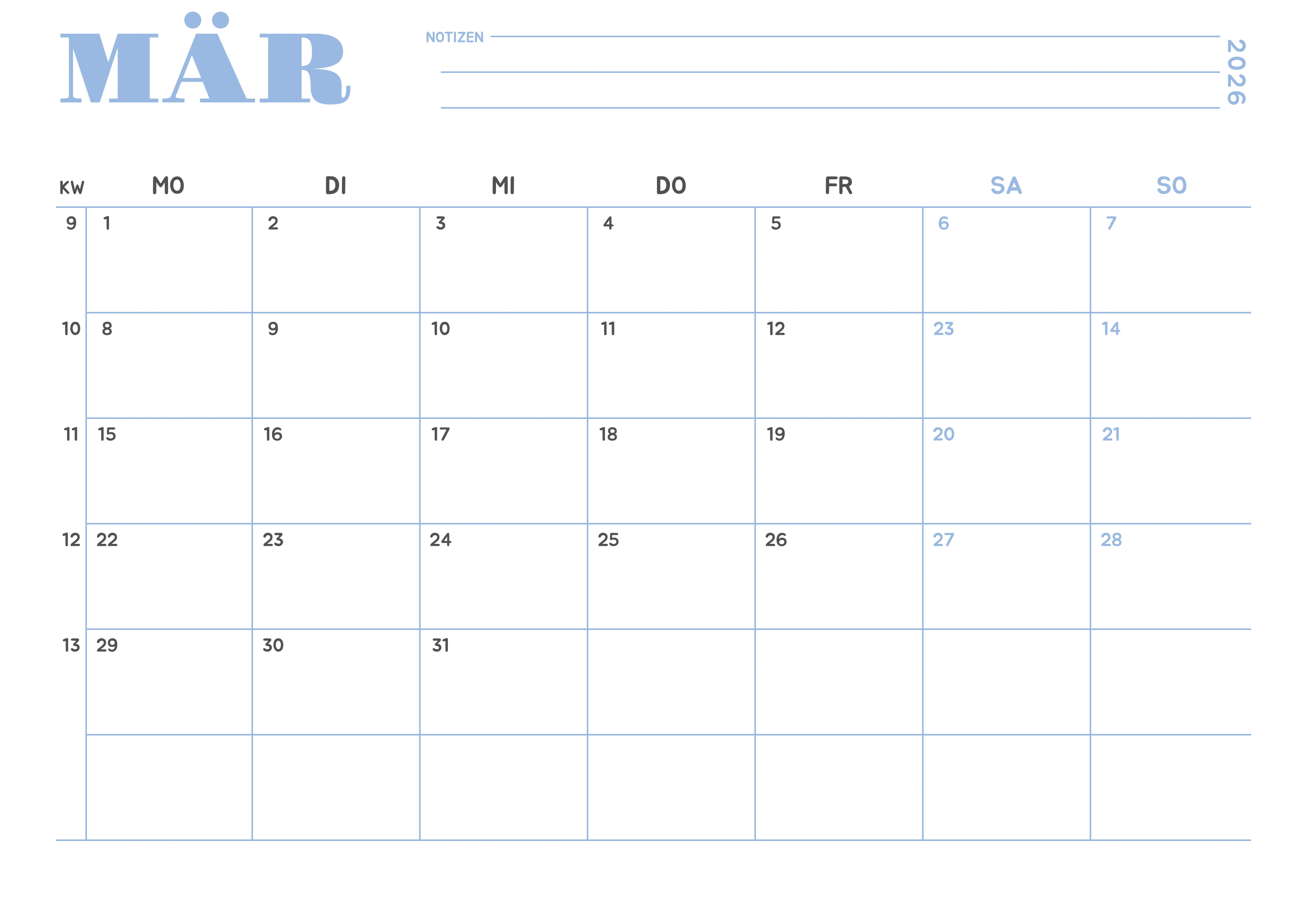 März Kalender 2027 Minimalistisch Himmelblau