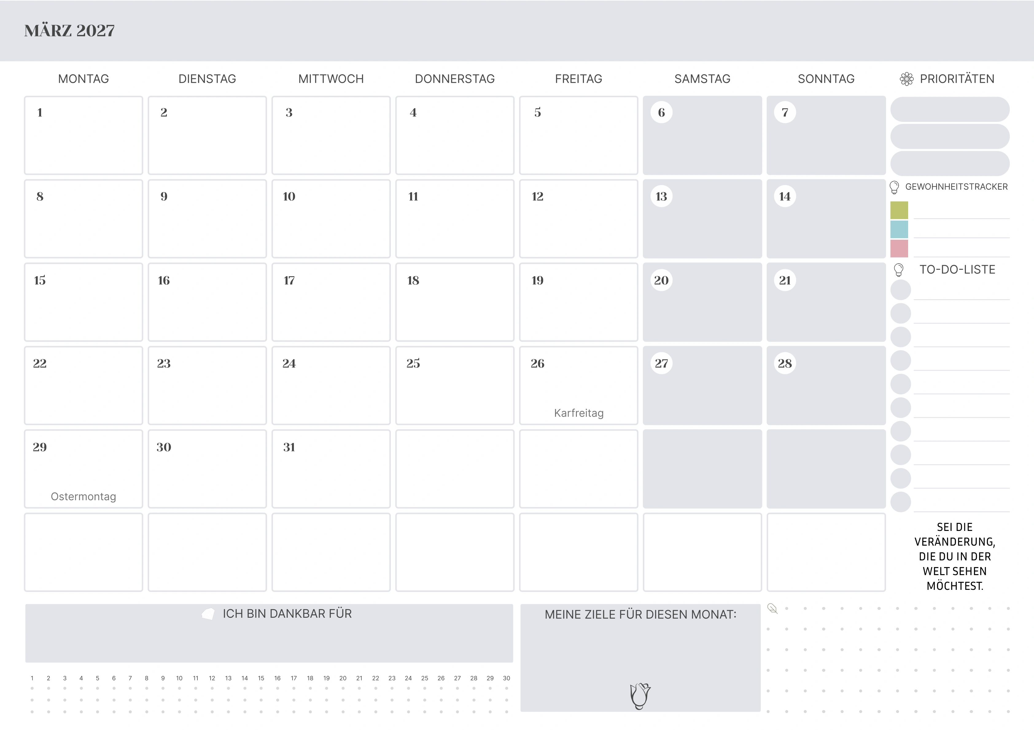 März Kalender 2027 mit Feiertagen
