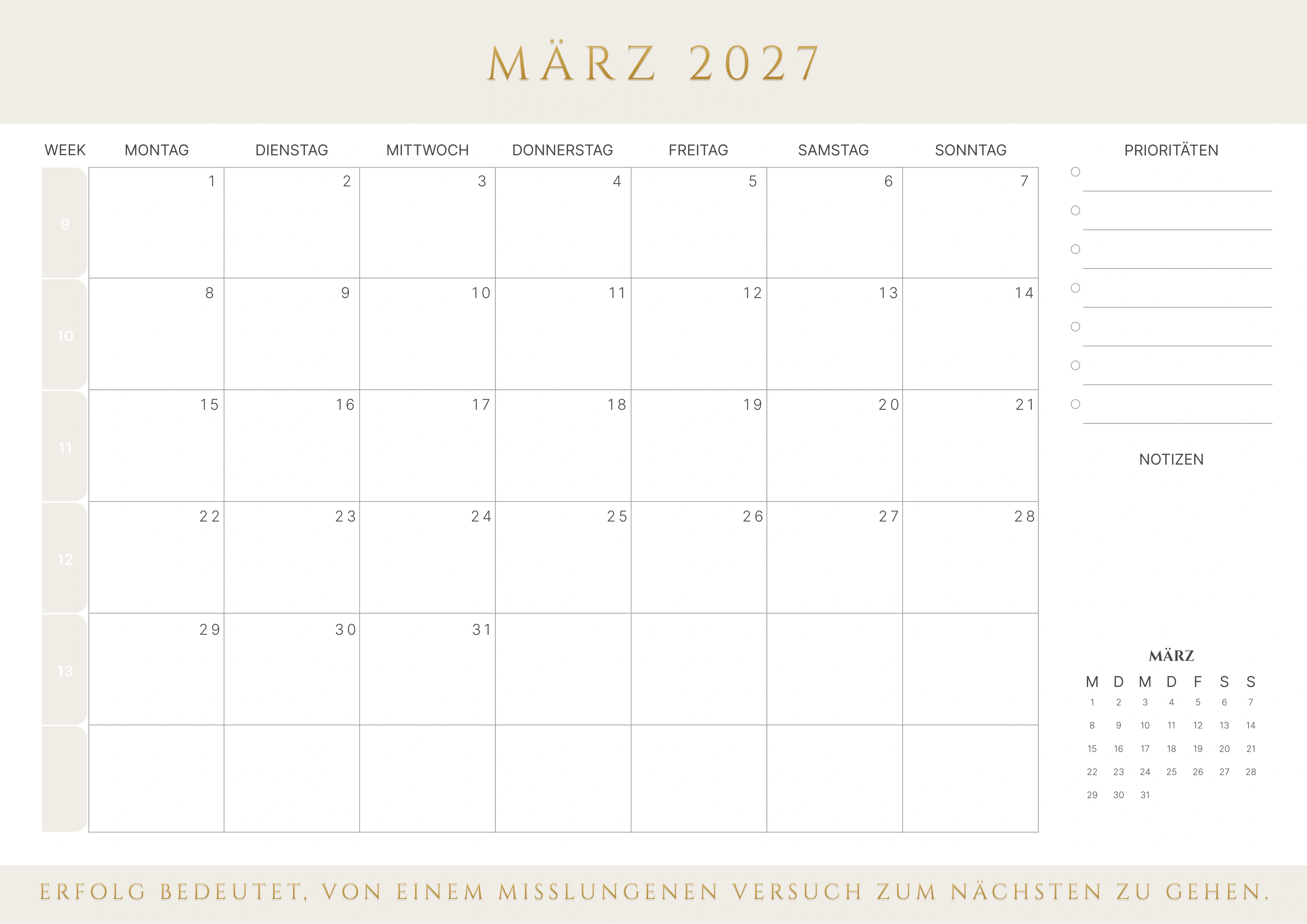 März Kalender 2027 mit Kalenderwochen