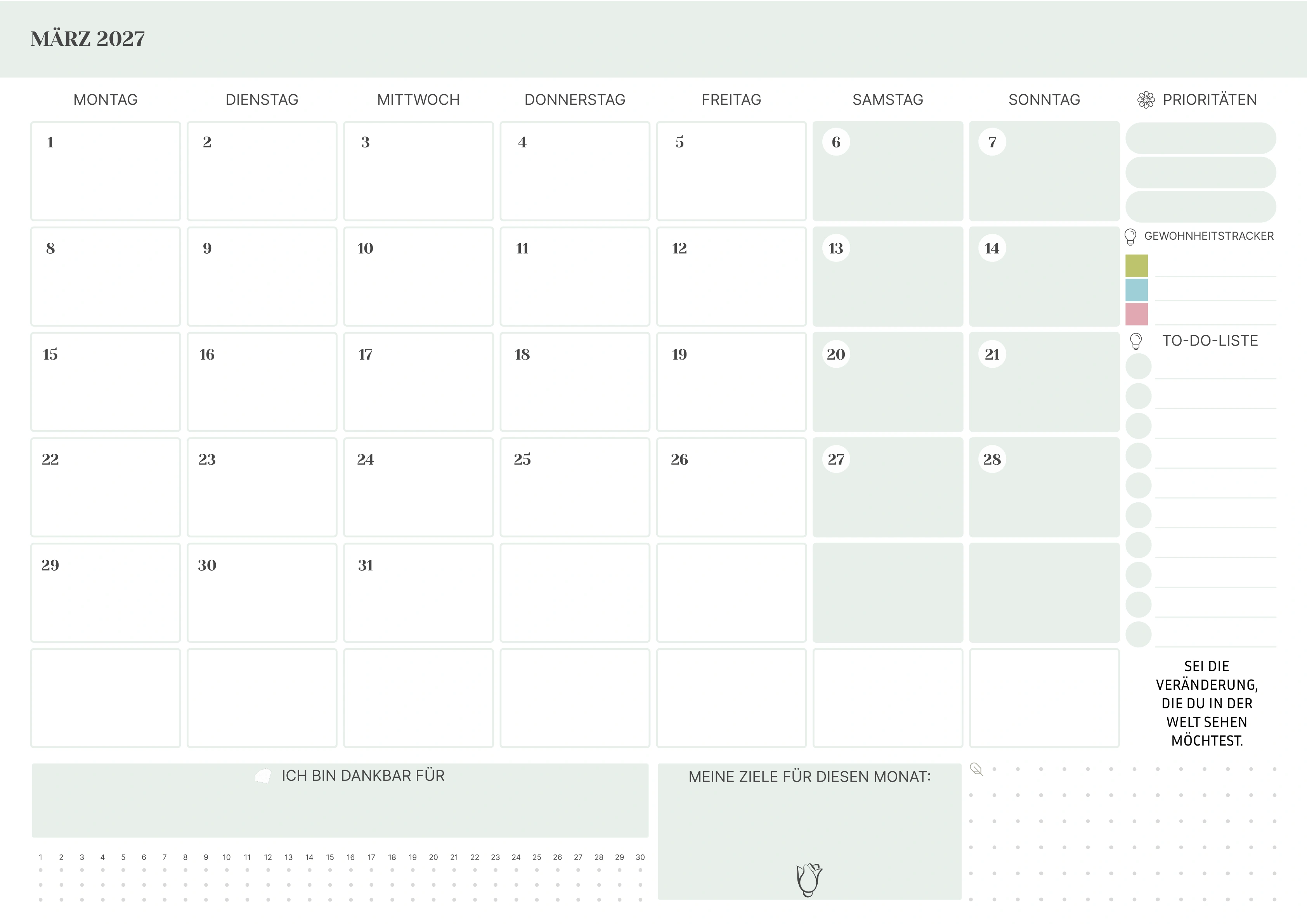 März Kalender 2027 mit Prioritäten