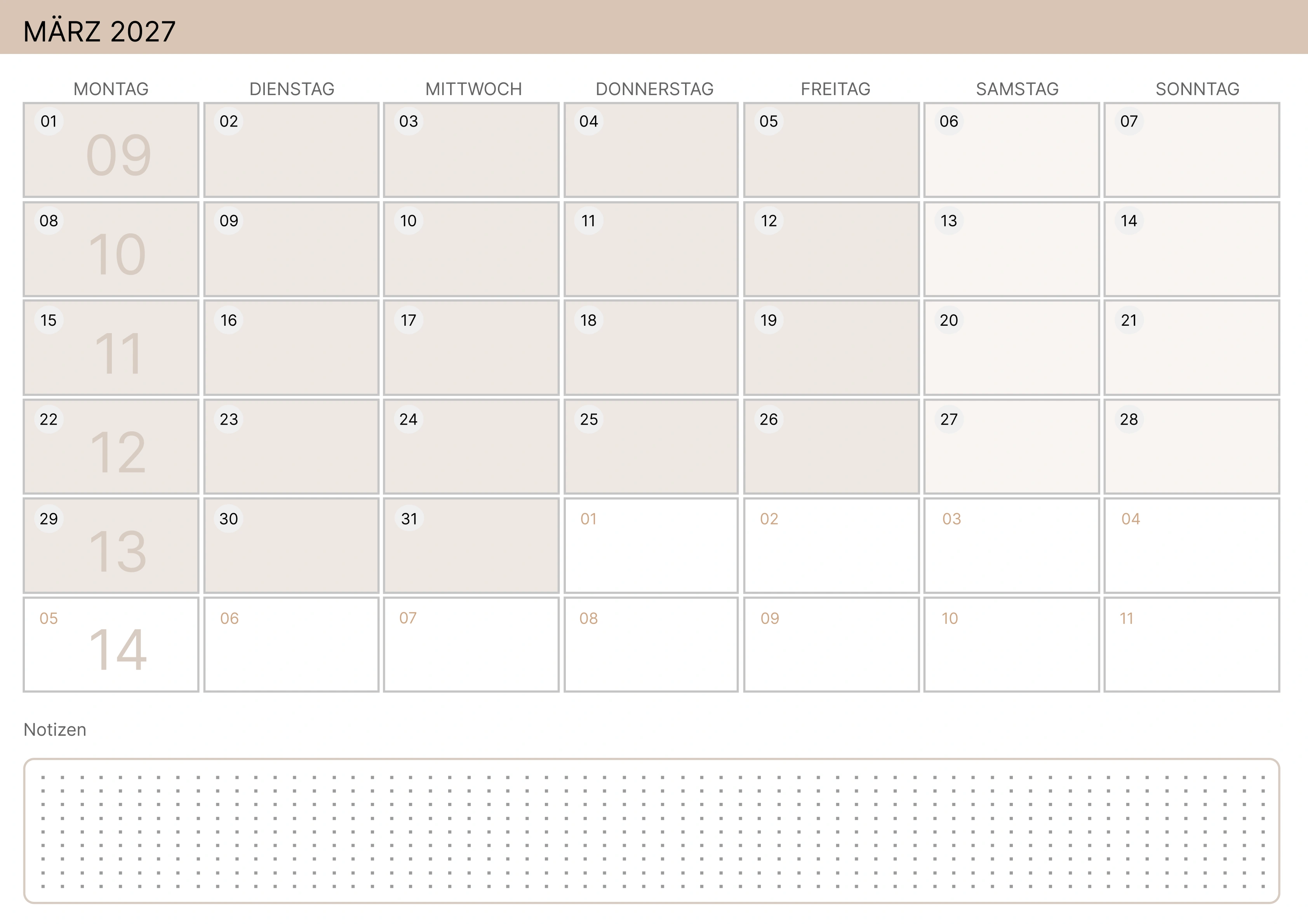 März Kalender 2027 Zartes Gelb