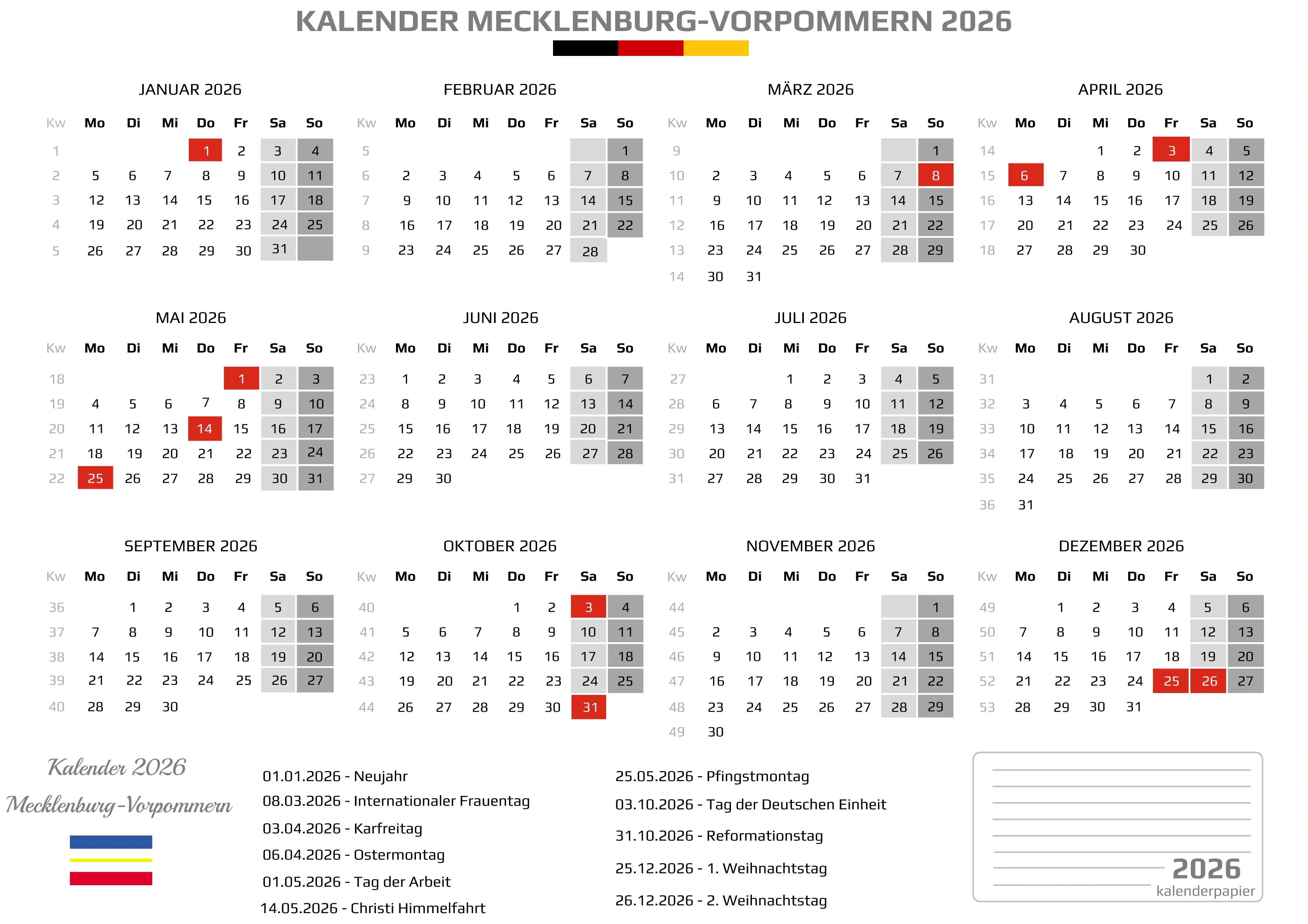 Der Kalender mit der Kompletten BW Feirtage