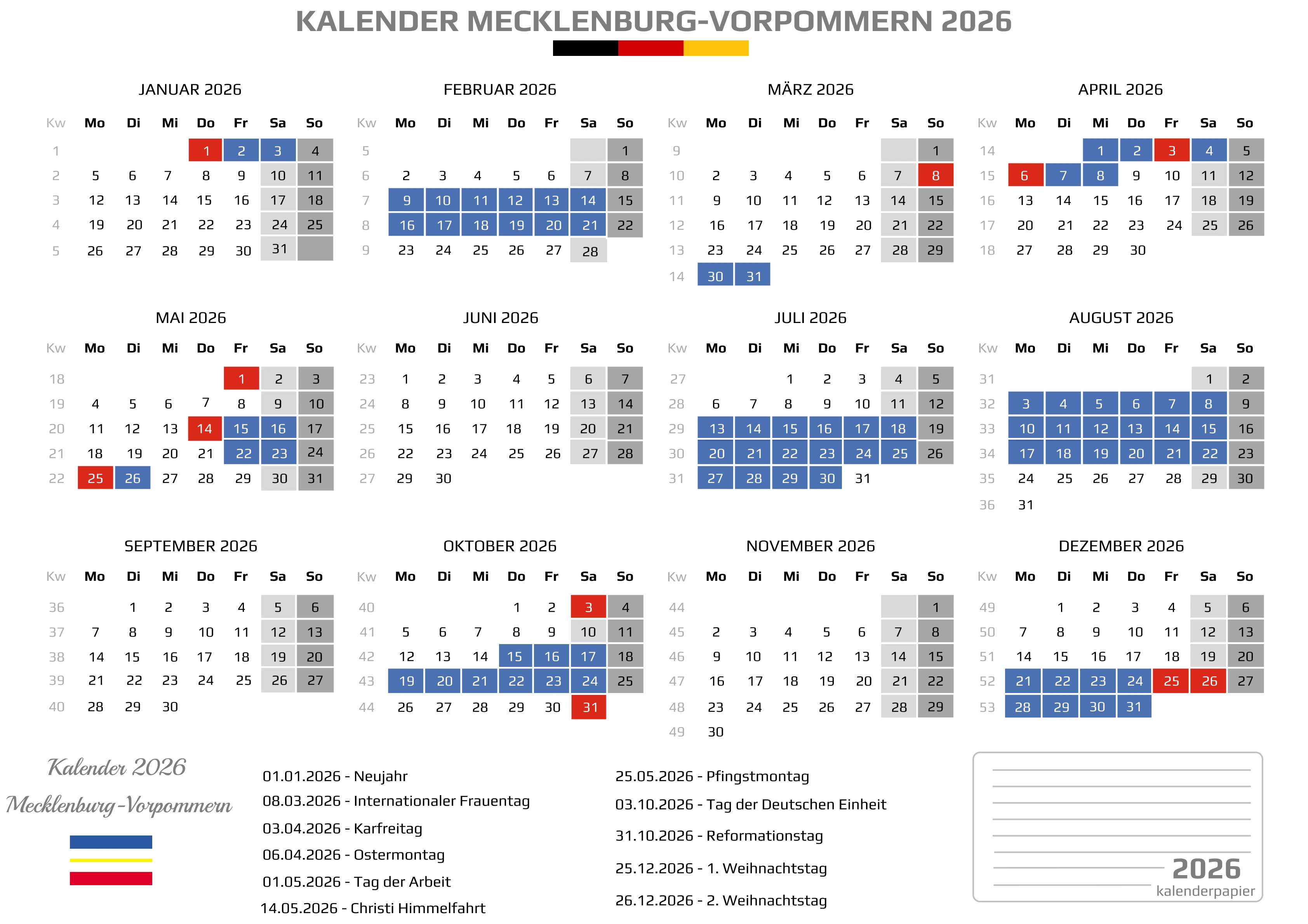 Der Kalender mit der Kompletten BW Feirtage