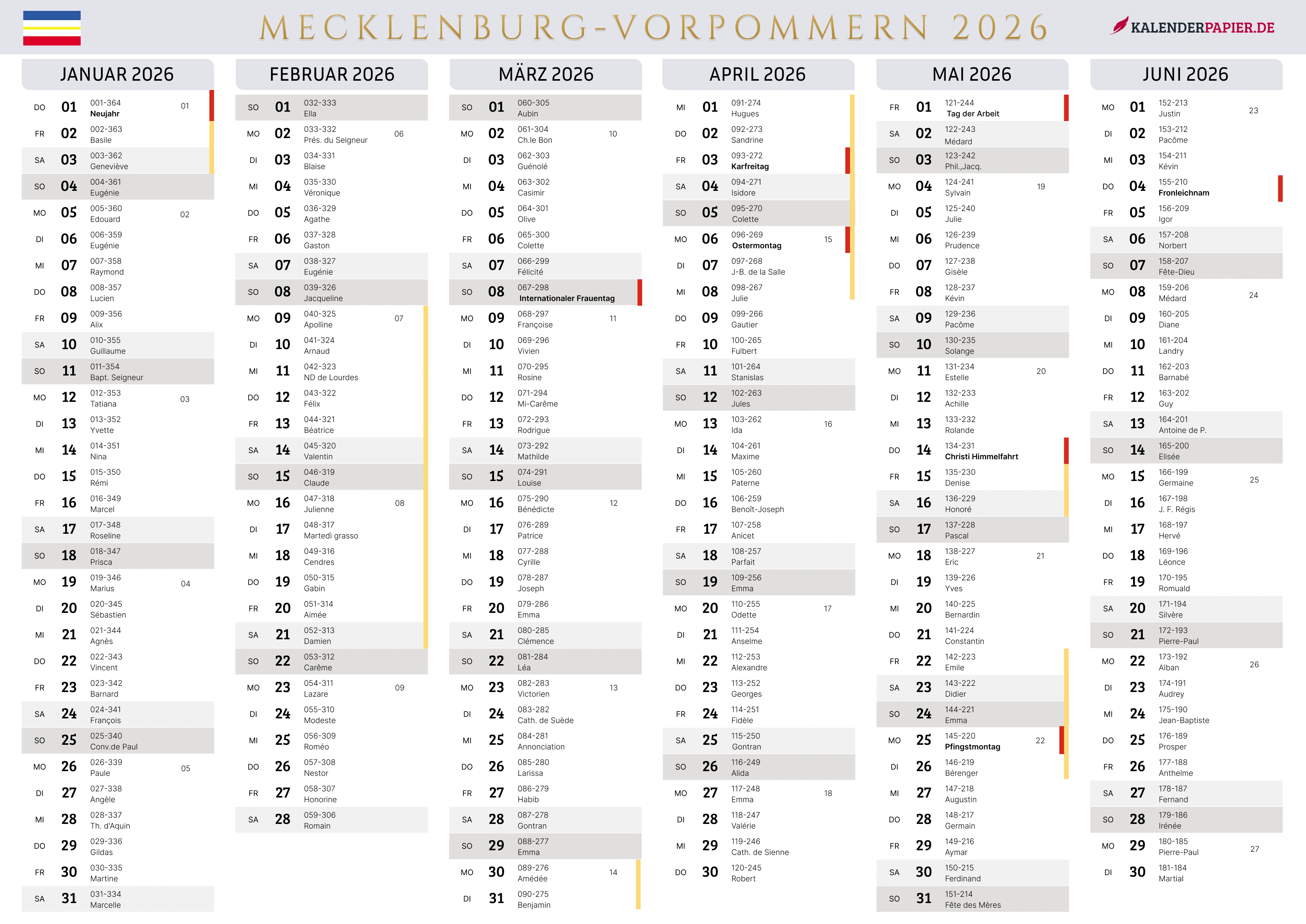 Der Kalender mit der Kompletten BW Feirtage