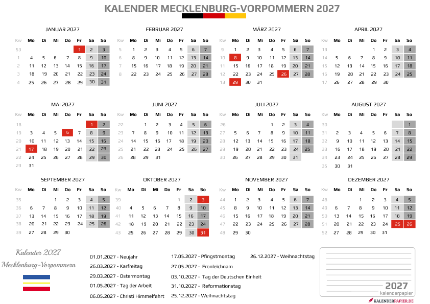 Kalender 2027 Mecklenburg-Vorpommern mit Feiertagen