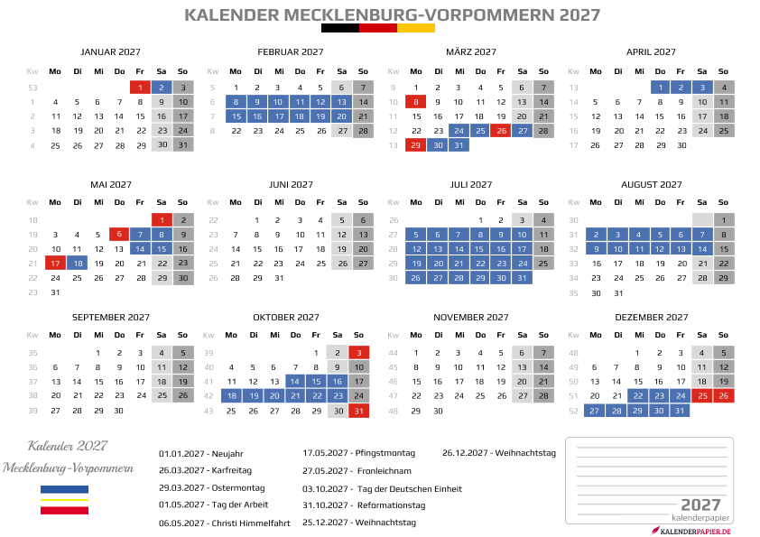 Kalender 2027 Mecklenburg-Vorpommern mit Ferien
