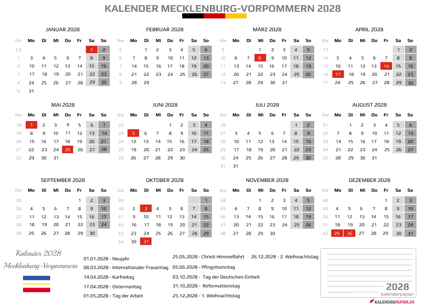 Kalender 2028 Mecklenburg-Vorpommern mit Feiertagen