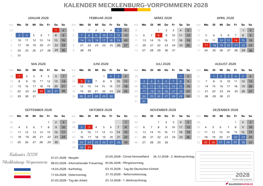 Kalender 2028 Mecklenburg-Vorpommern mit Ferien