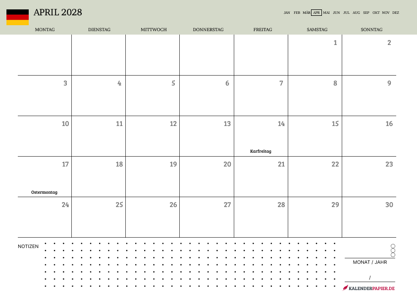 Kalender April 2028