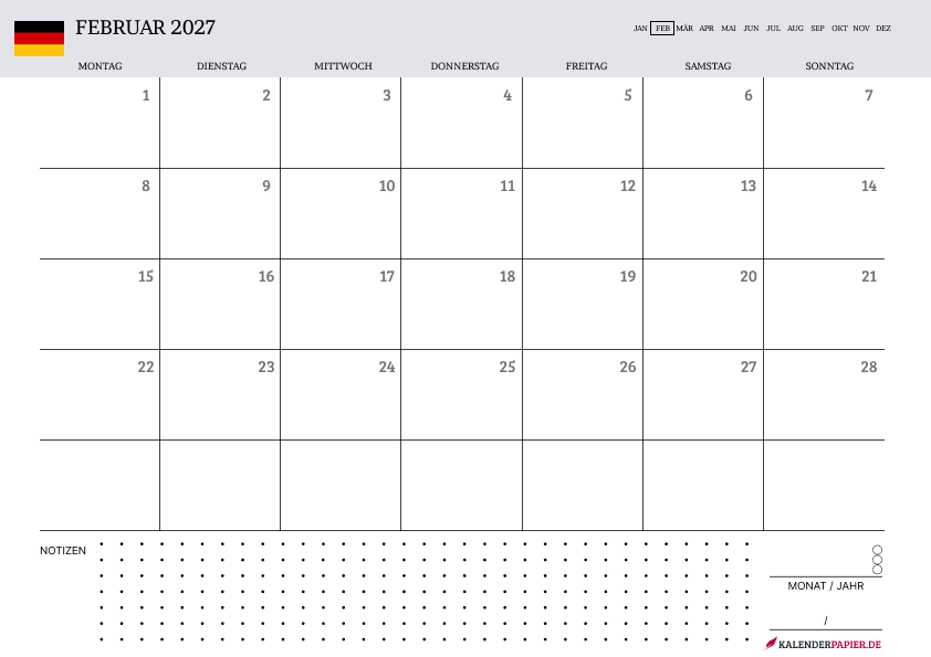 Kalender Februar 2027