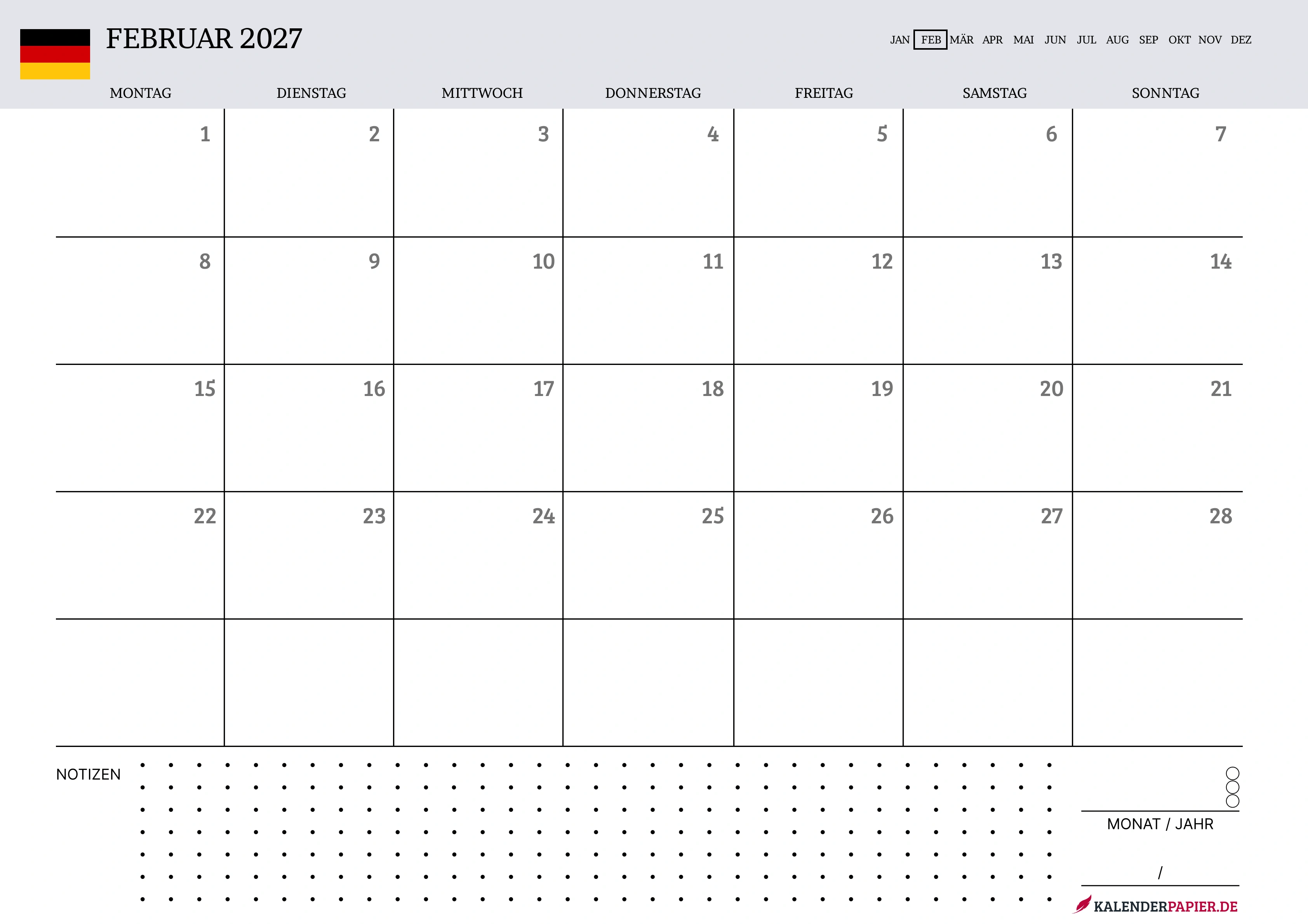 Kalender Februar 2027