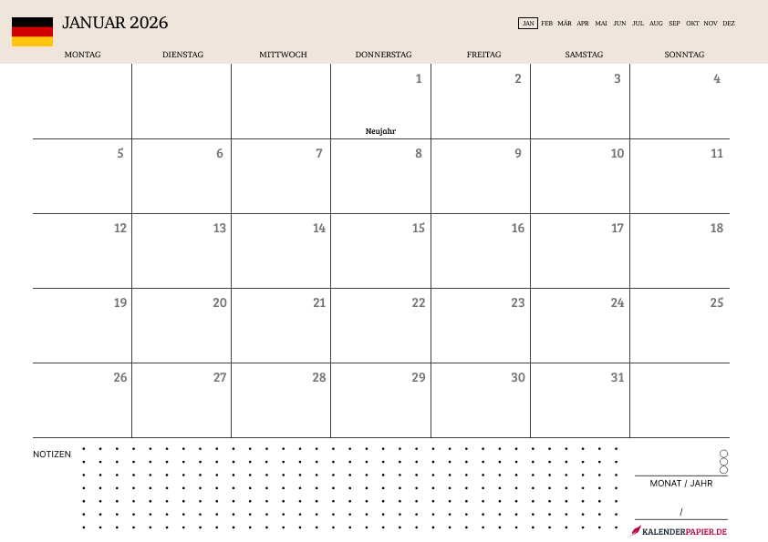 Kalender Januar 2026