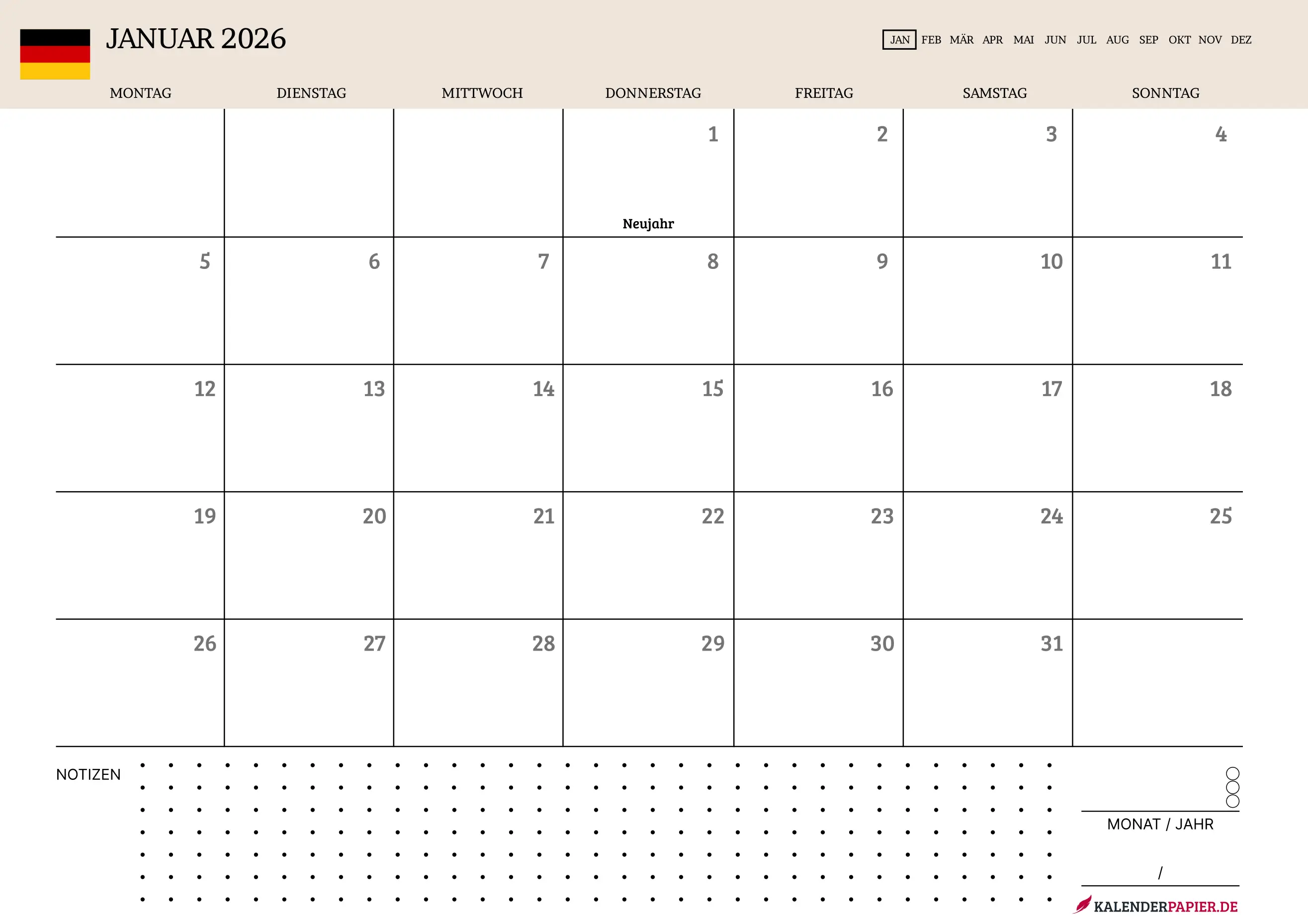 Kalender Januar 2026