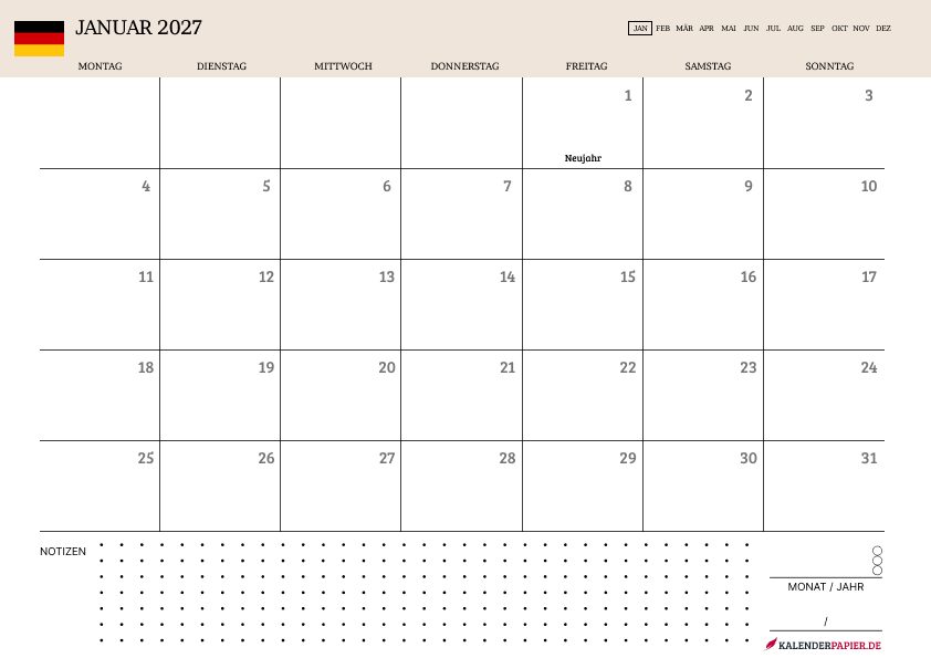 Kalender Januar 2027