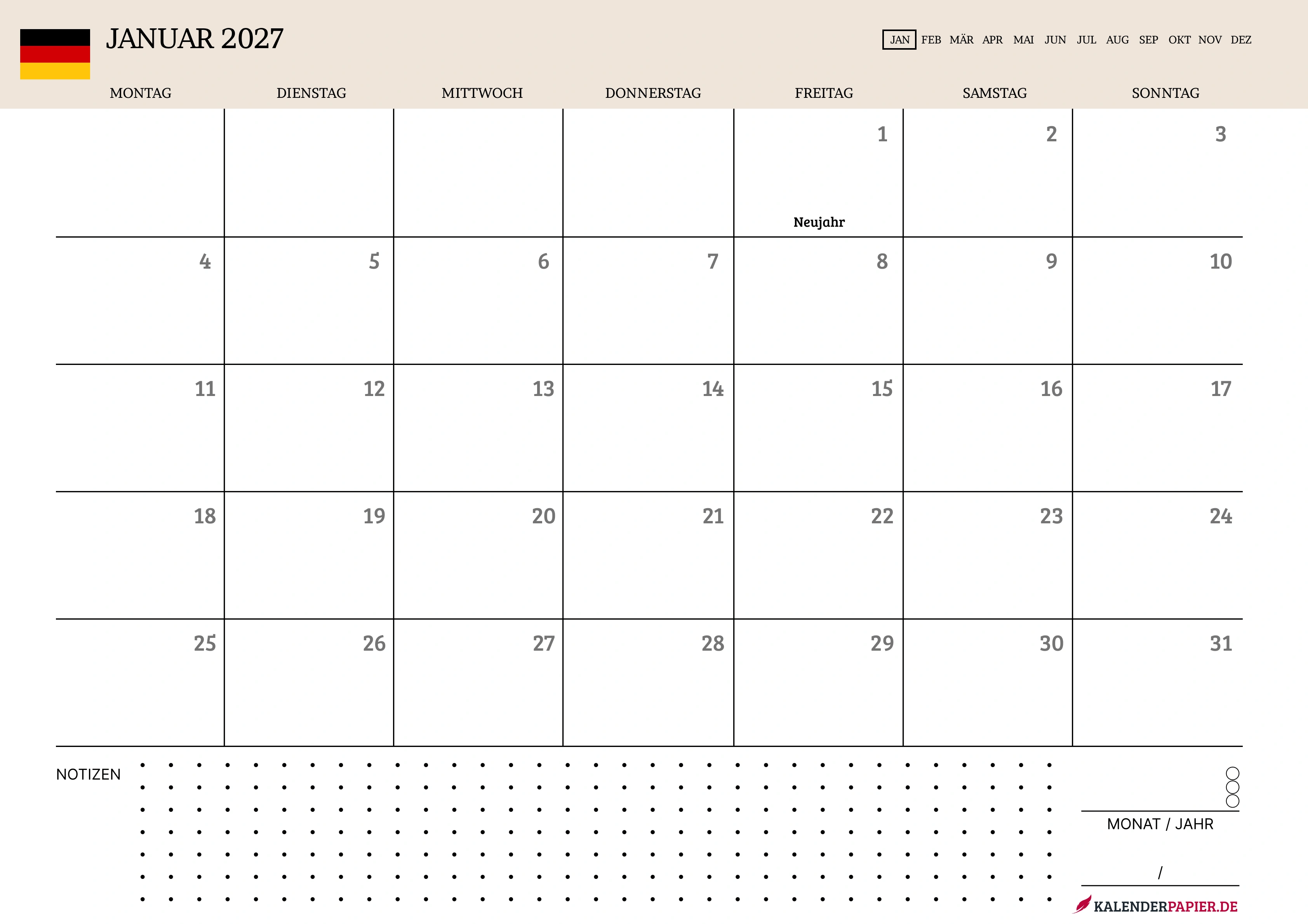 Kalender Januar 2027