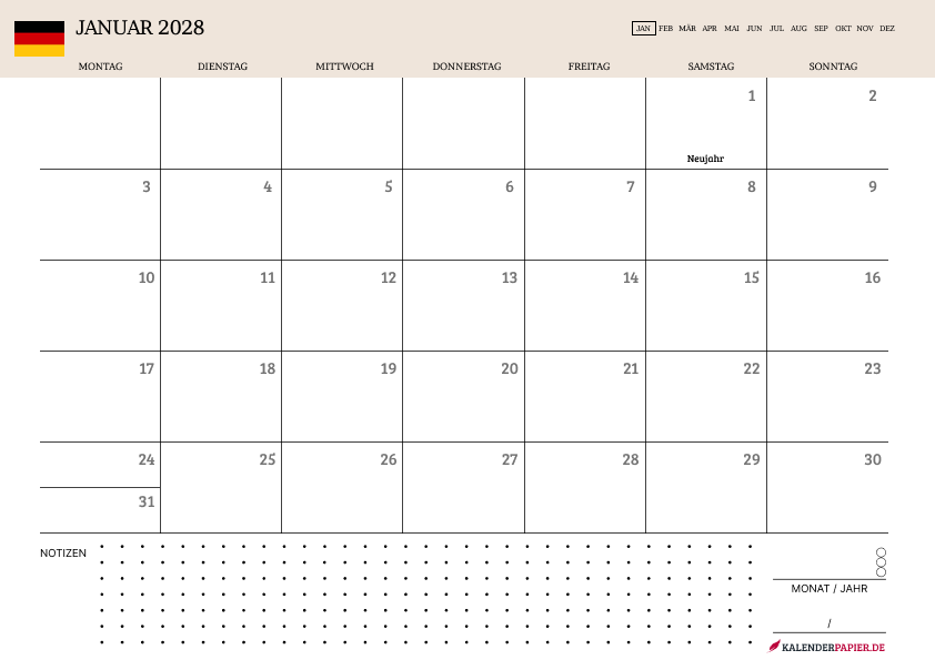 Kalender Januar 2028