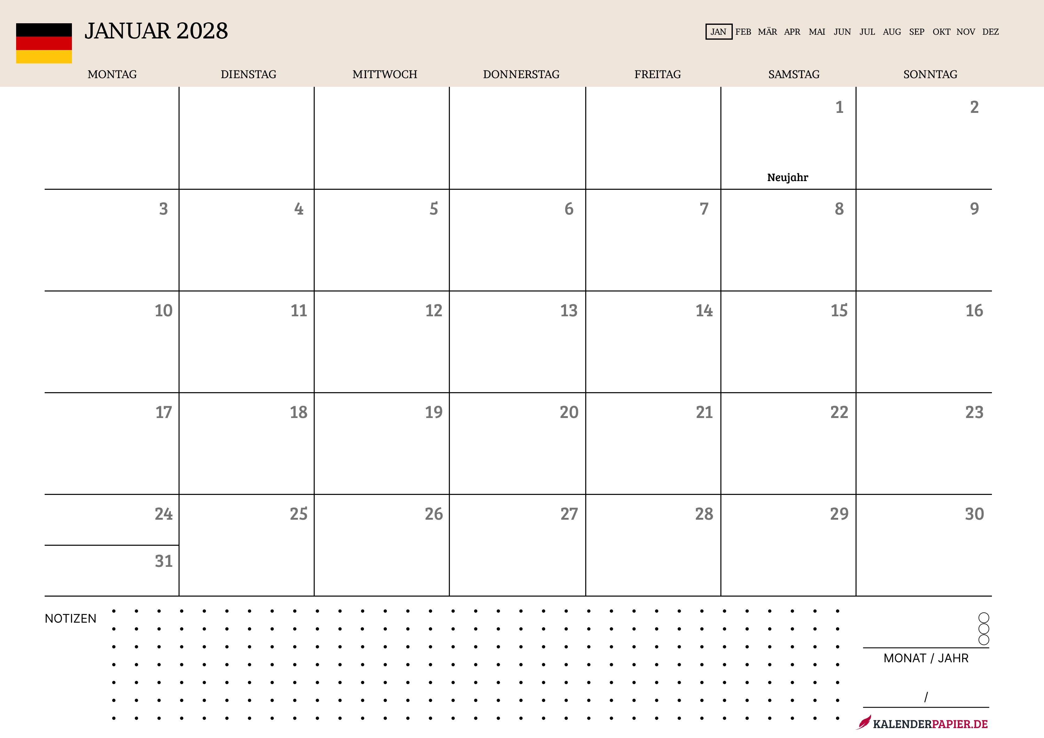 Kalender Januar 2028