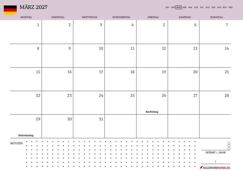 Kalender März 2027