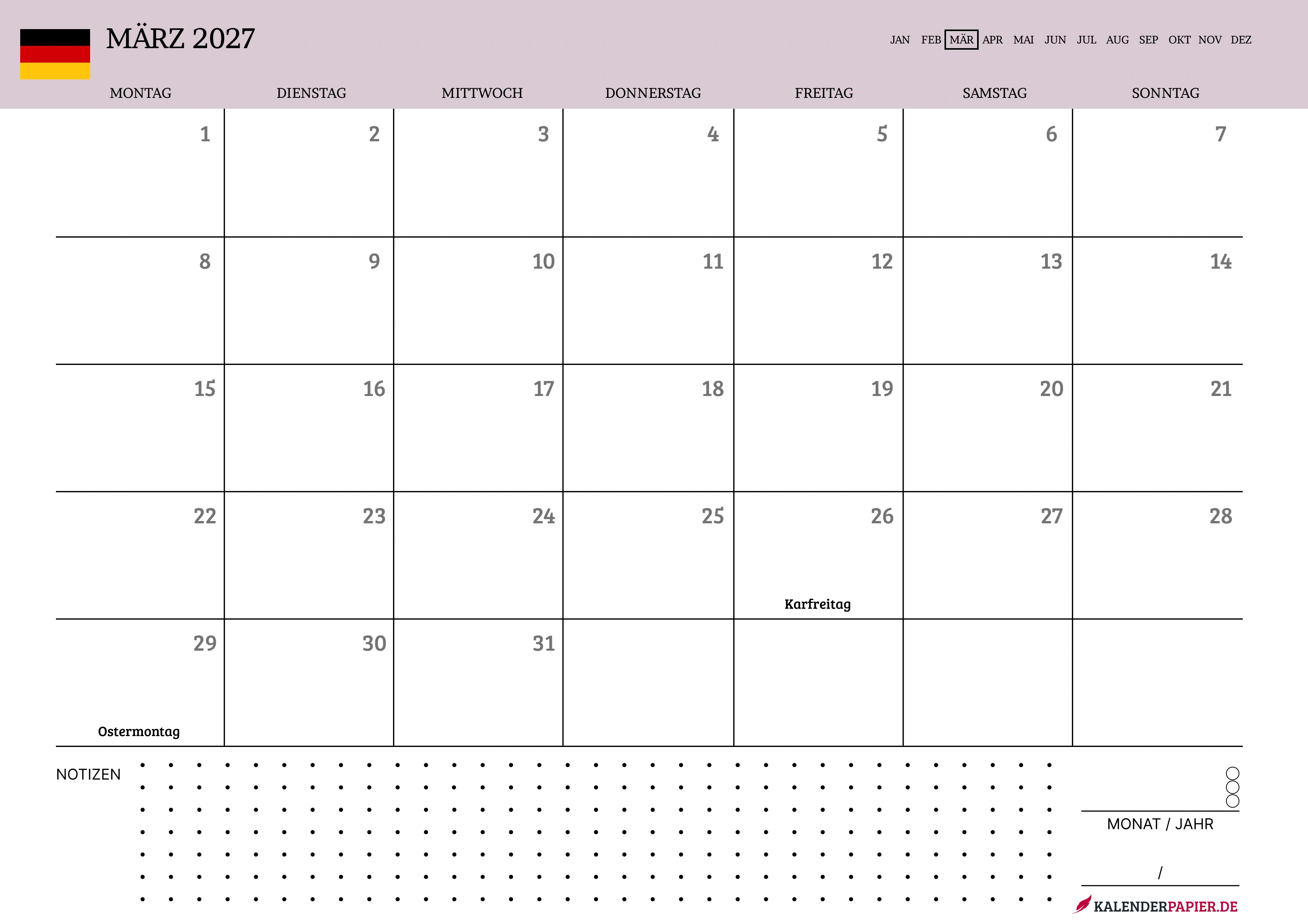 Kalender März 2027