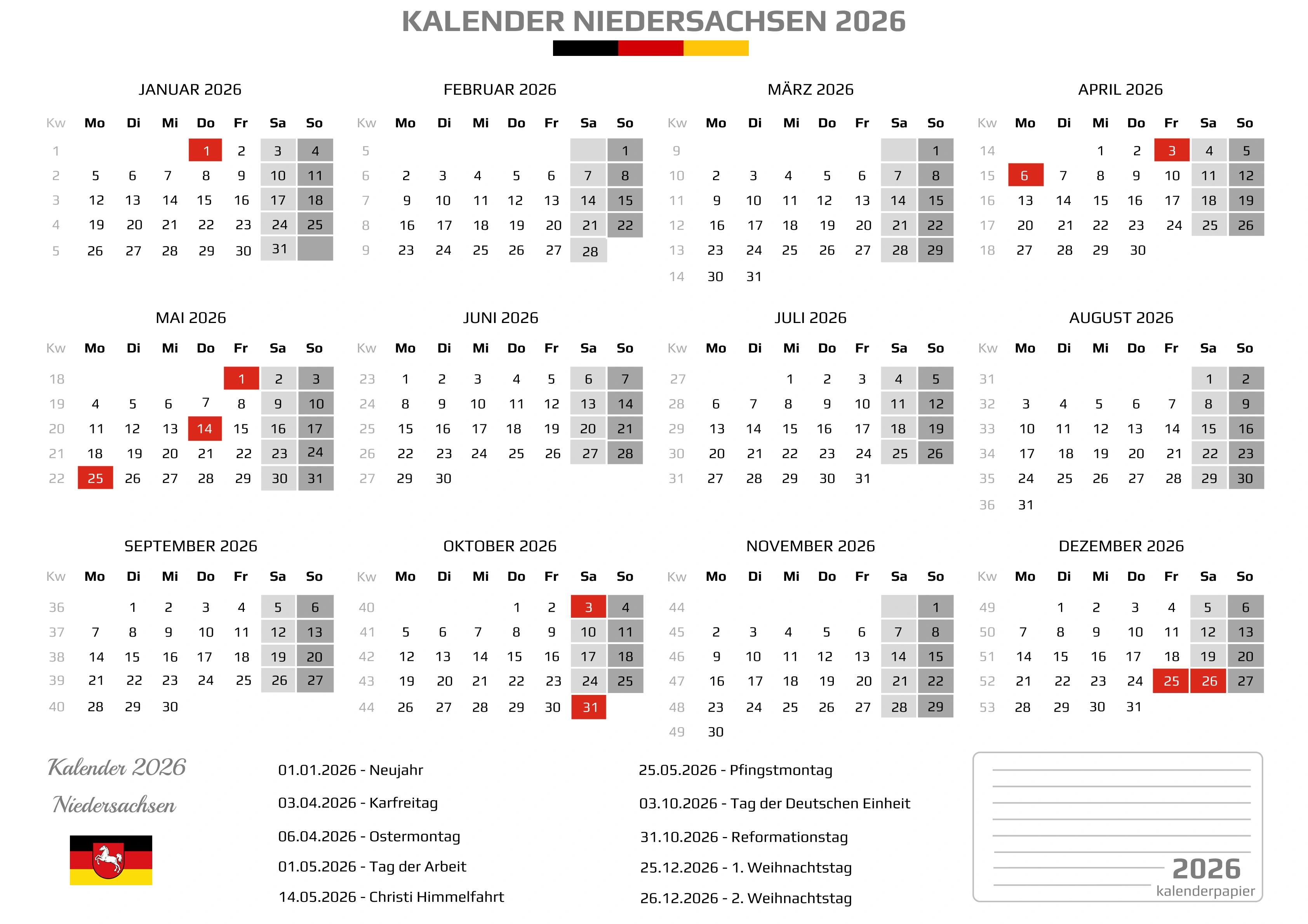 Der Kalender mit der Kompletten BW Feirtage