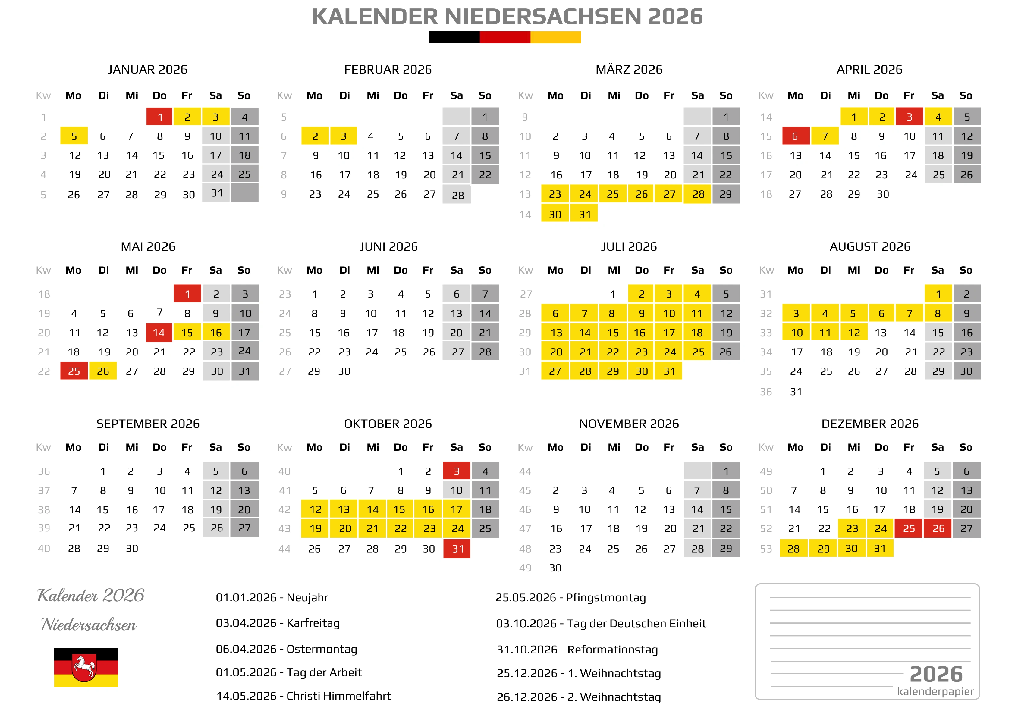Der Kalender mit der Kompletten BW Feirtage