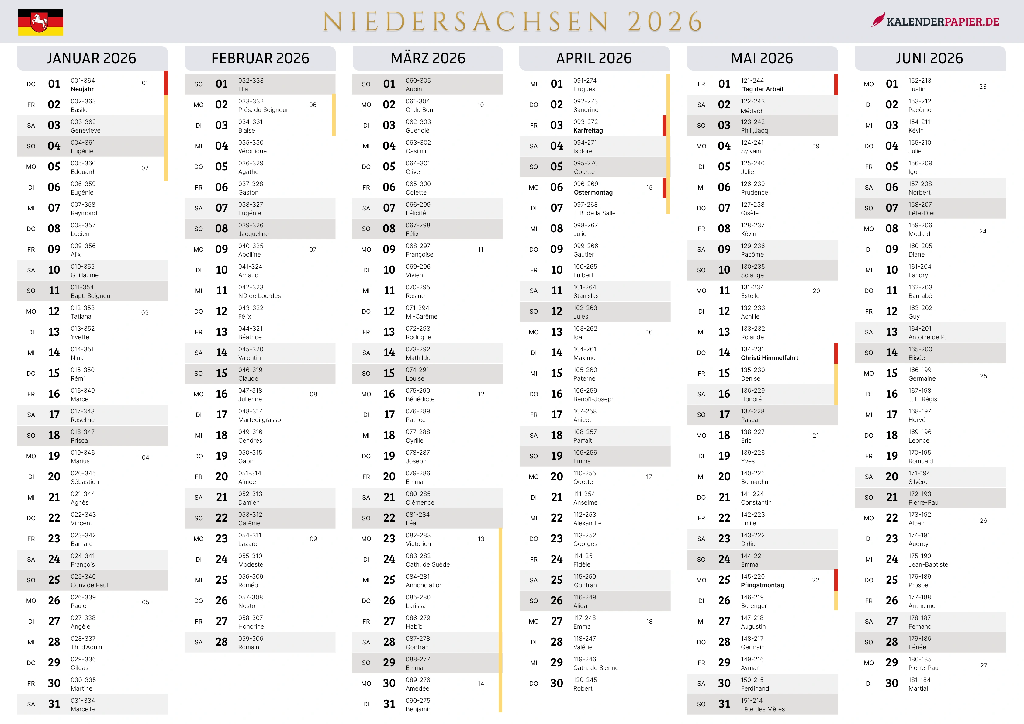 Der Kalender mit der Kompletten BW Feirtage