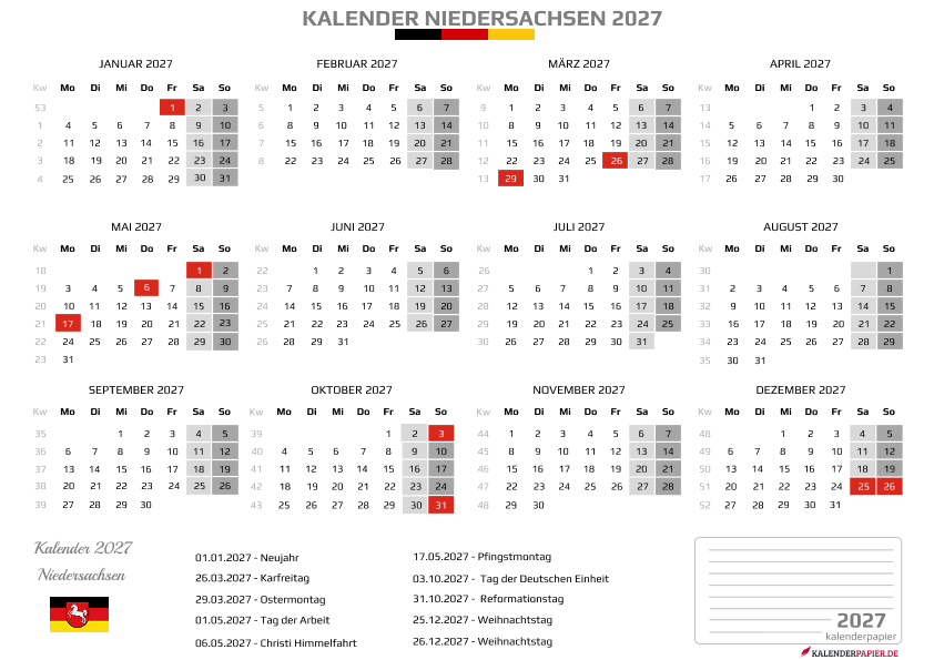 Kalender 2027 Niedersachsen mit Feiertagen