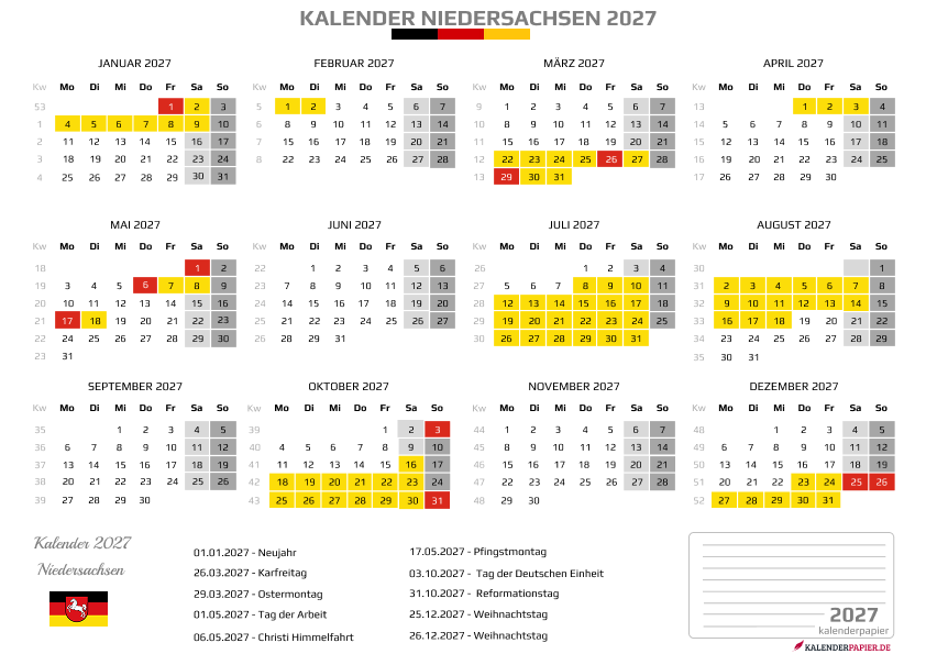 Kalender 2027 Niedersachsen mit Ferien