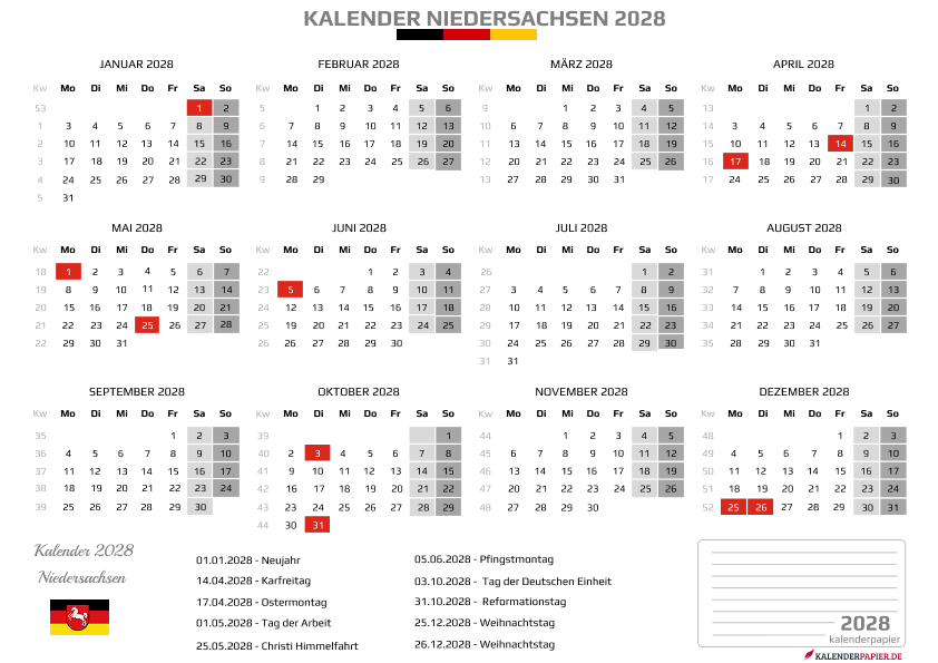 Kalender 2028 Niedersachsen mit Feiertagen