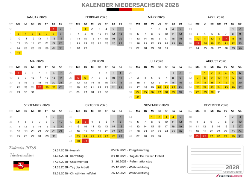 Kalender 2028 Niedersachsen mit Ferien