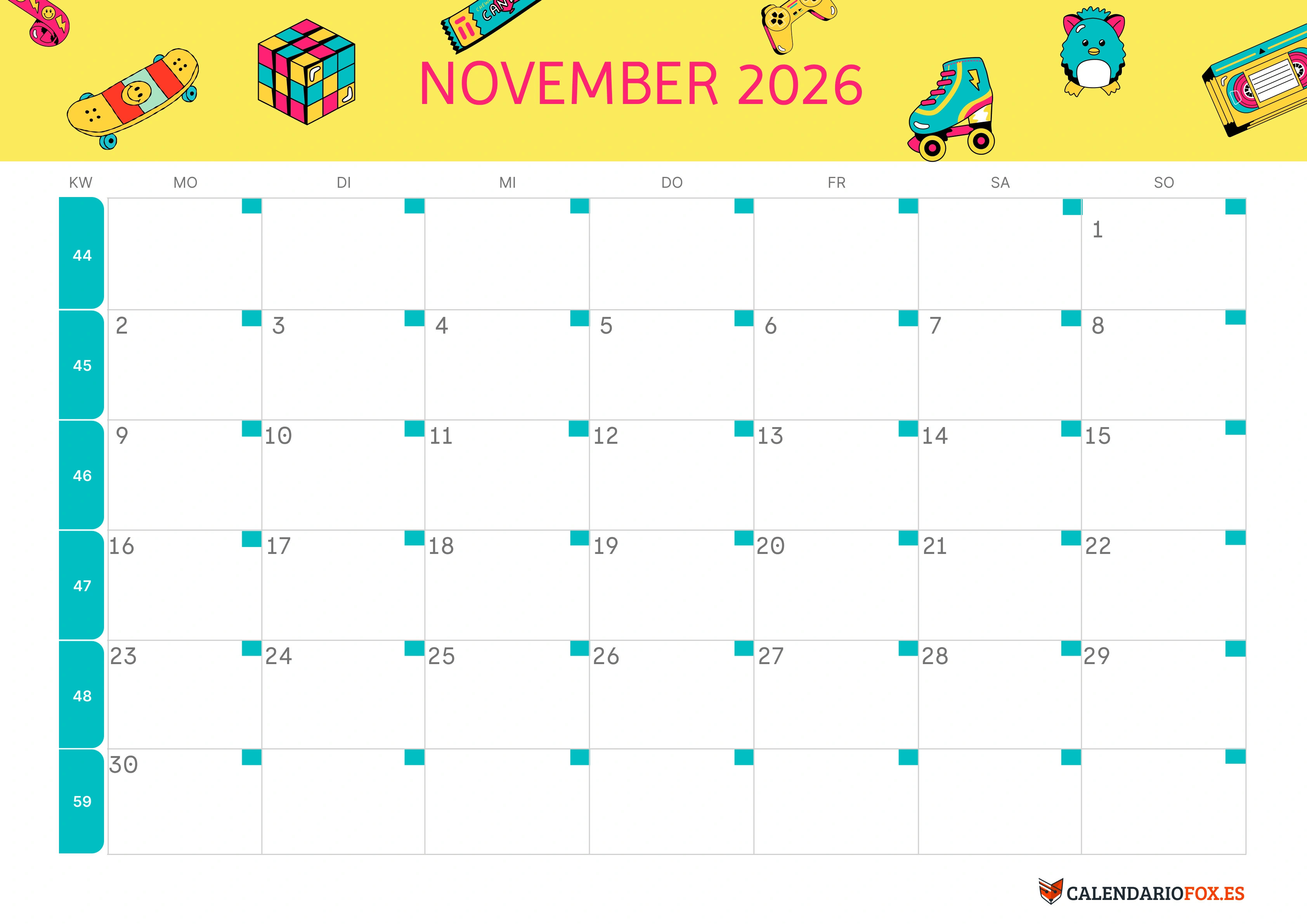 Semesterkalender 2026 Erstes Halbjahr Farbenfroh