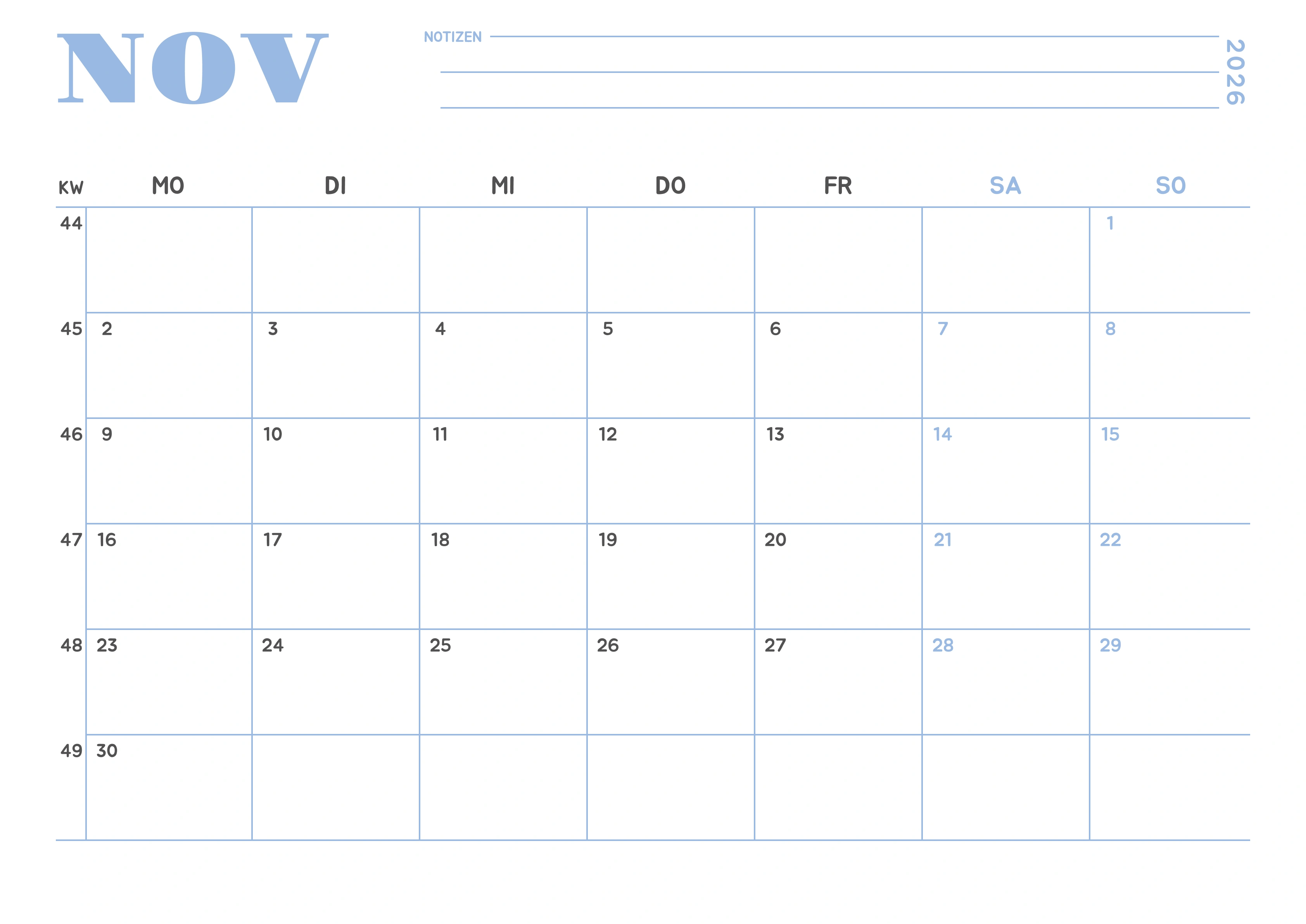 November Kalender 2026 Minimalistisch Himmelblau