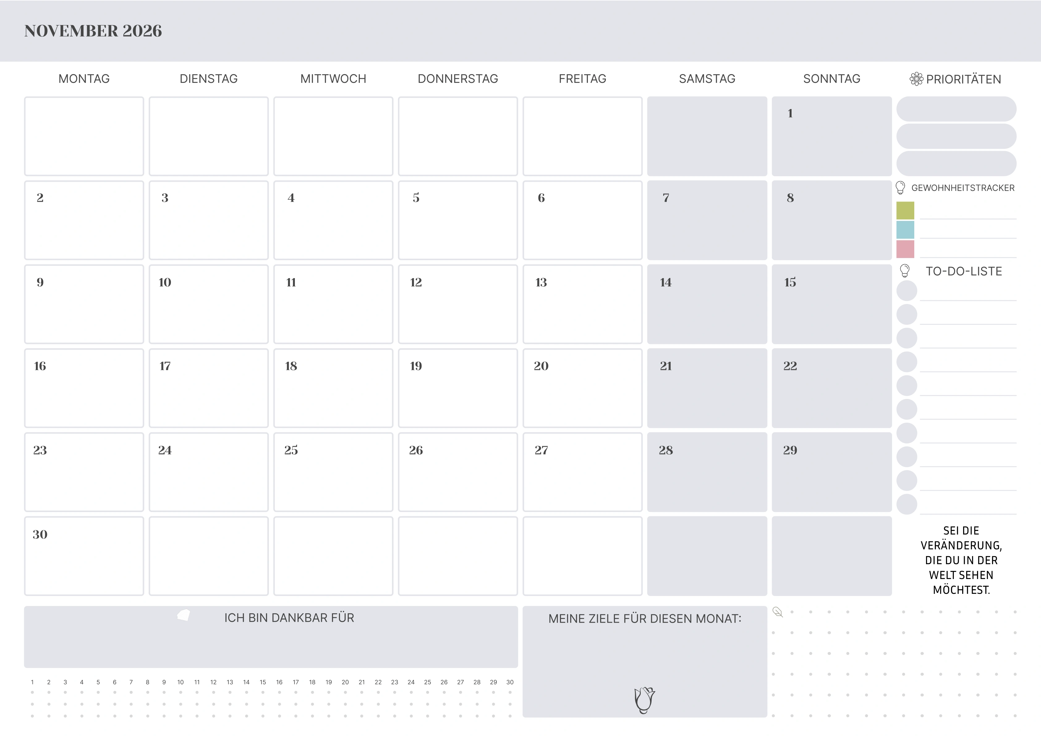 November Kalender 2026 mit Feiertagen