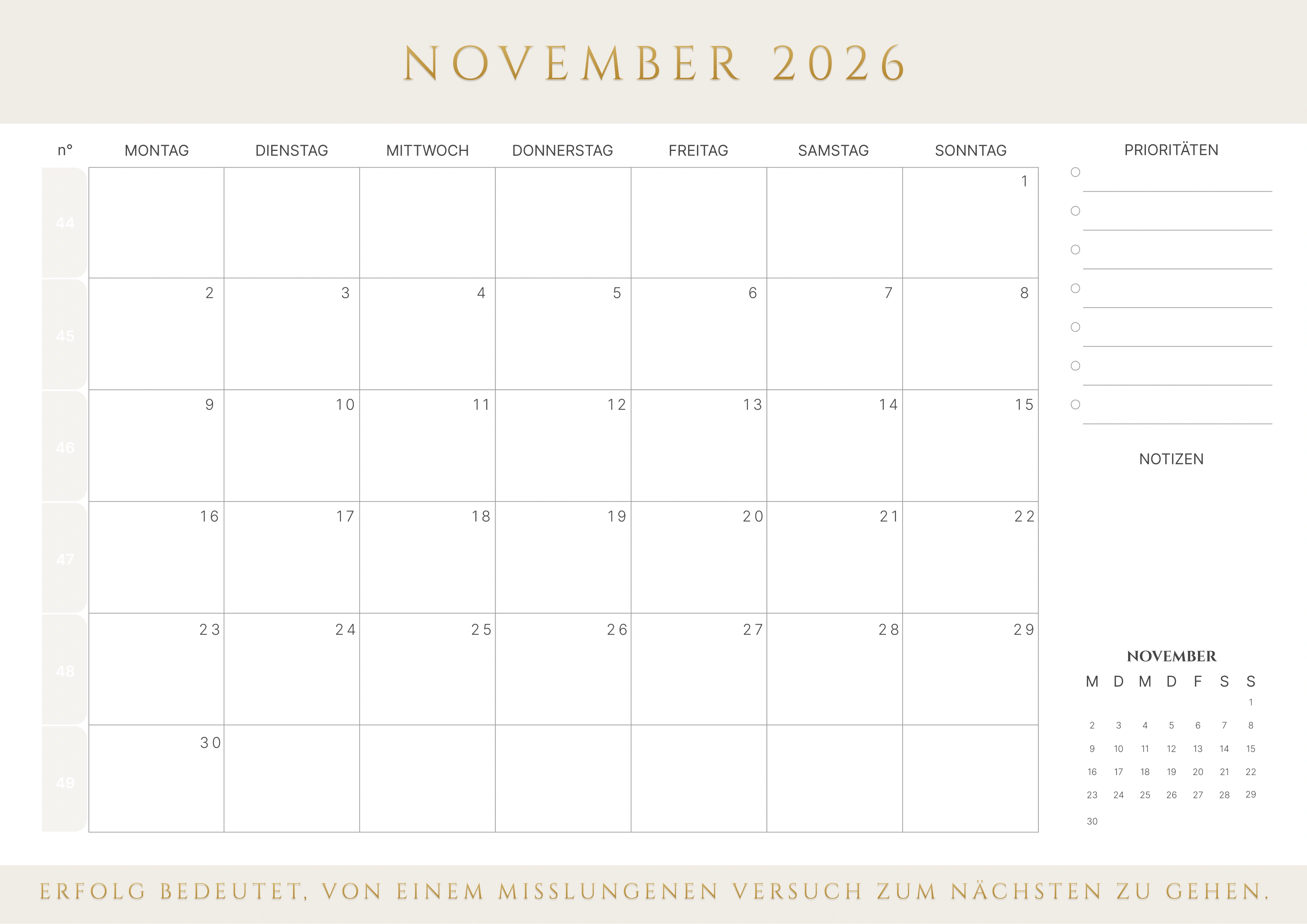 November Kalender 2026 mit Kalenderwochen