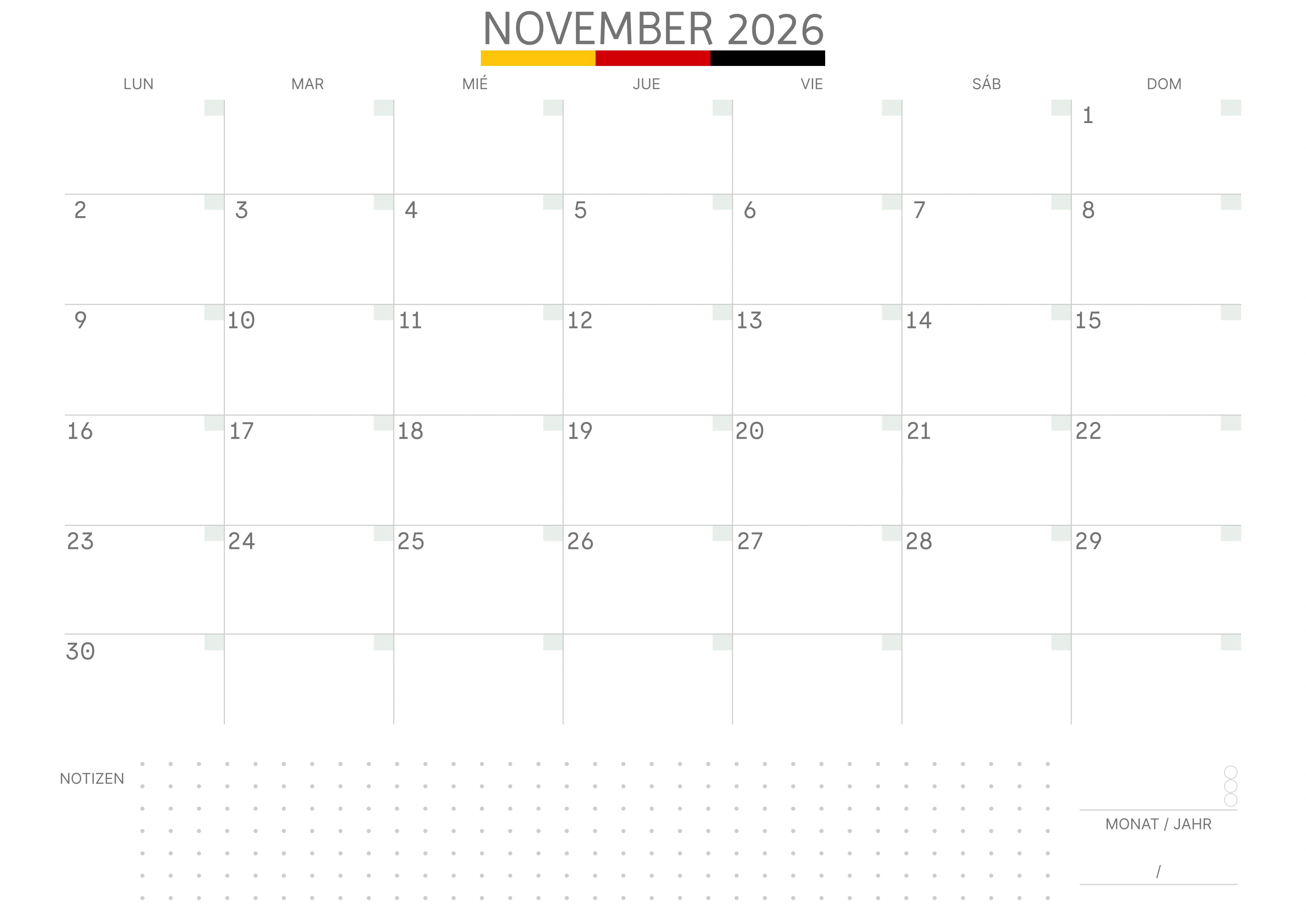 November Kalender 2026 mit Notizen
