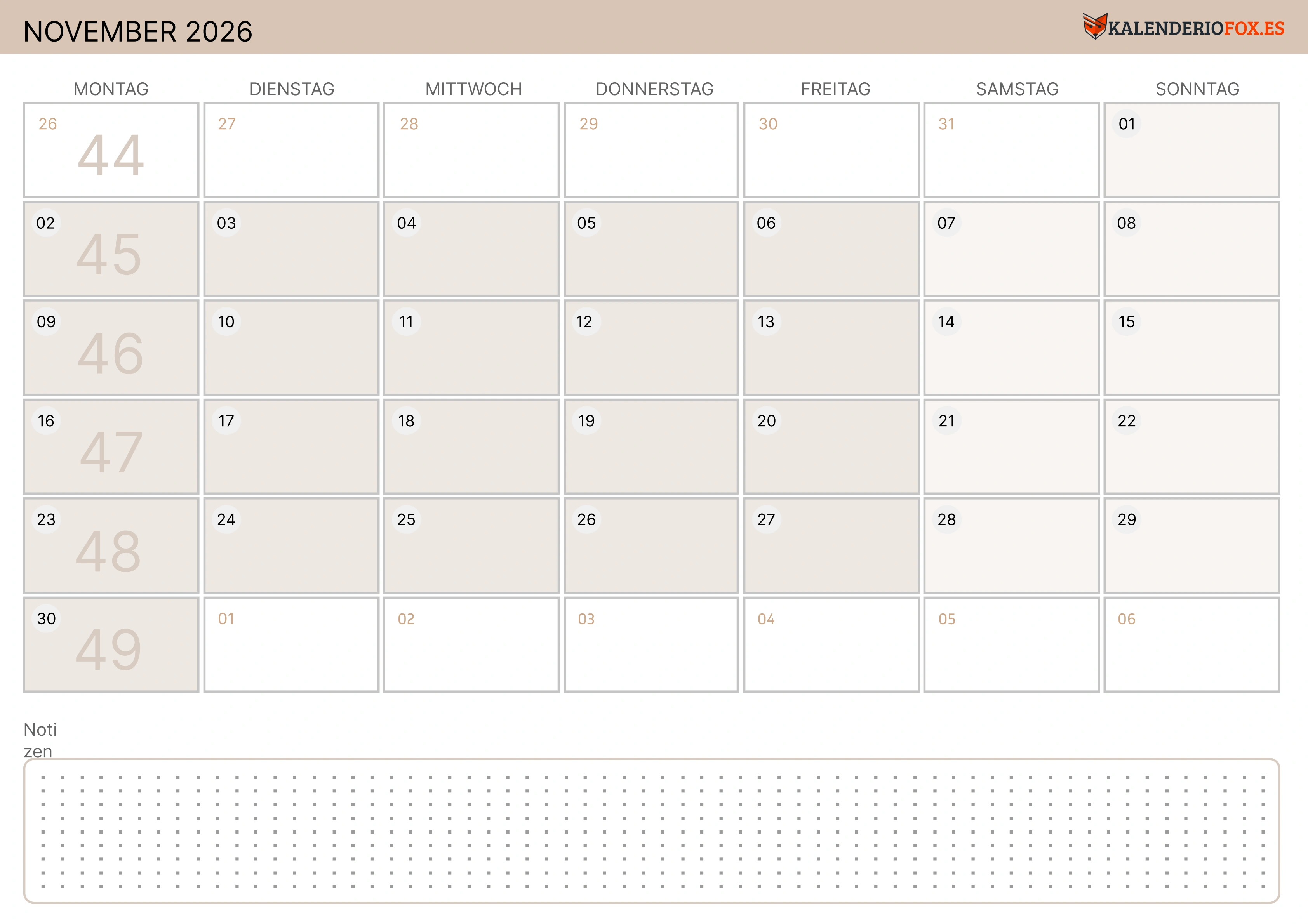 November Kalender 2026 Zartes Gelb