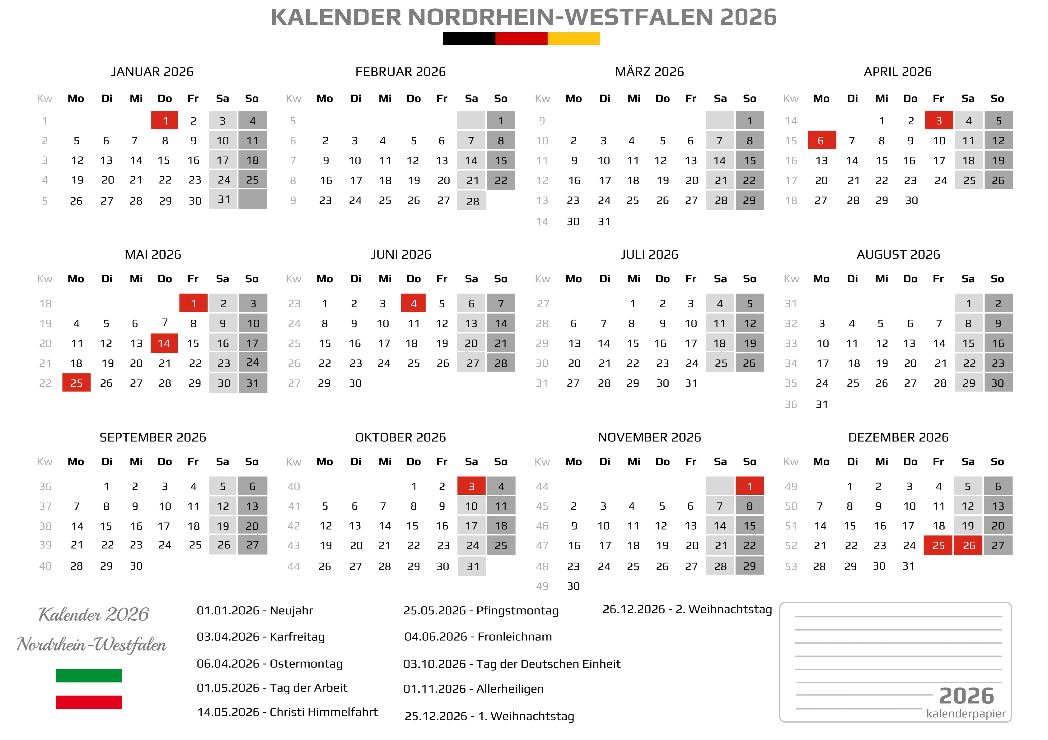 Der Kalender mit der Kompletten BW Feirtage