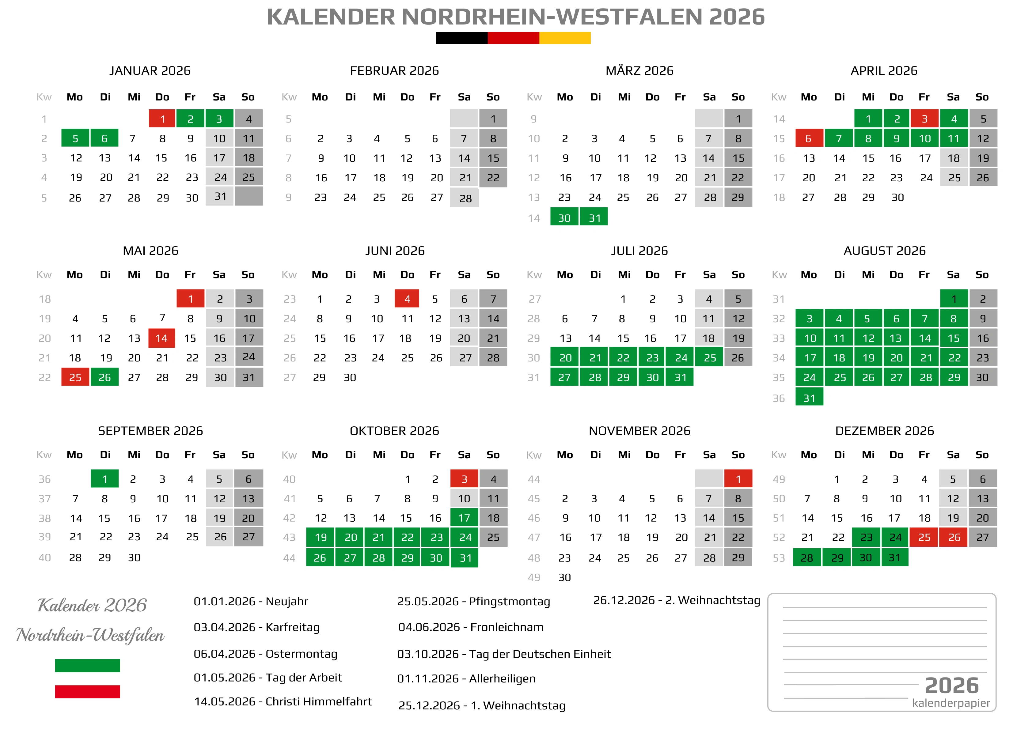 Der Kalender mit der Kompletten BW Feirtage