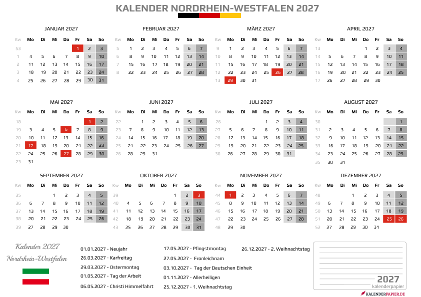 Kalender 2027 Nordrhein-Westfalen mit Feiertagen