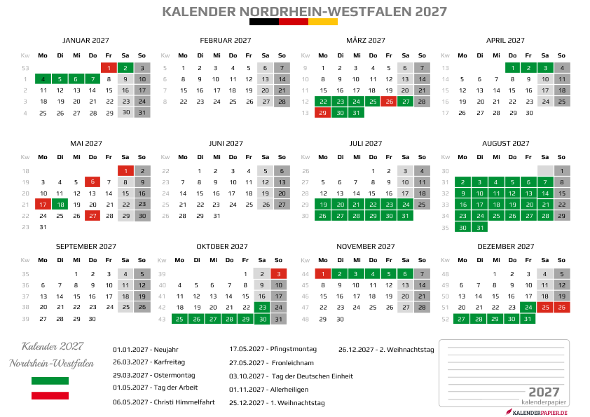 Kalender 2027 Nordrhein-Westfalen mit Ferien