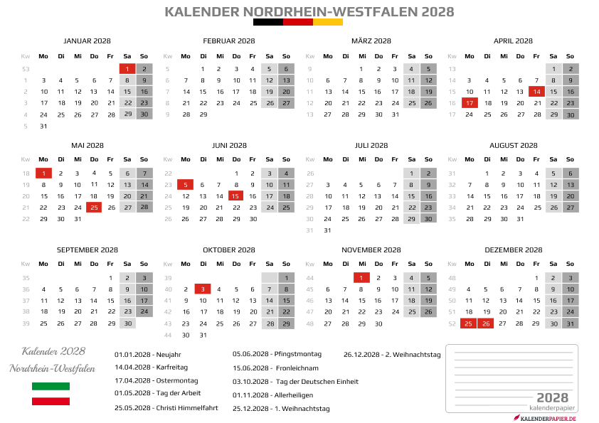 Kalender 2028 Nordrhein-Westfalen mit Feiertagen