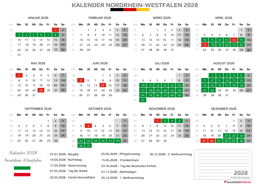 Kalender 2028 Nordrhein-Westfalen mit Ferien