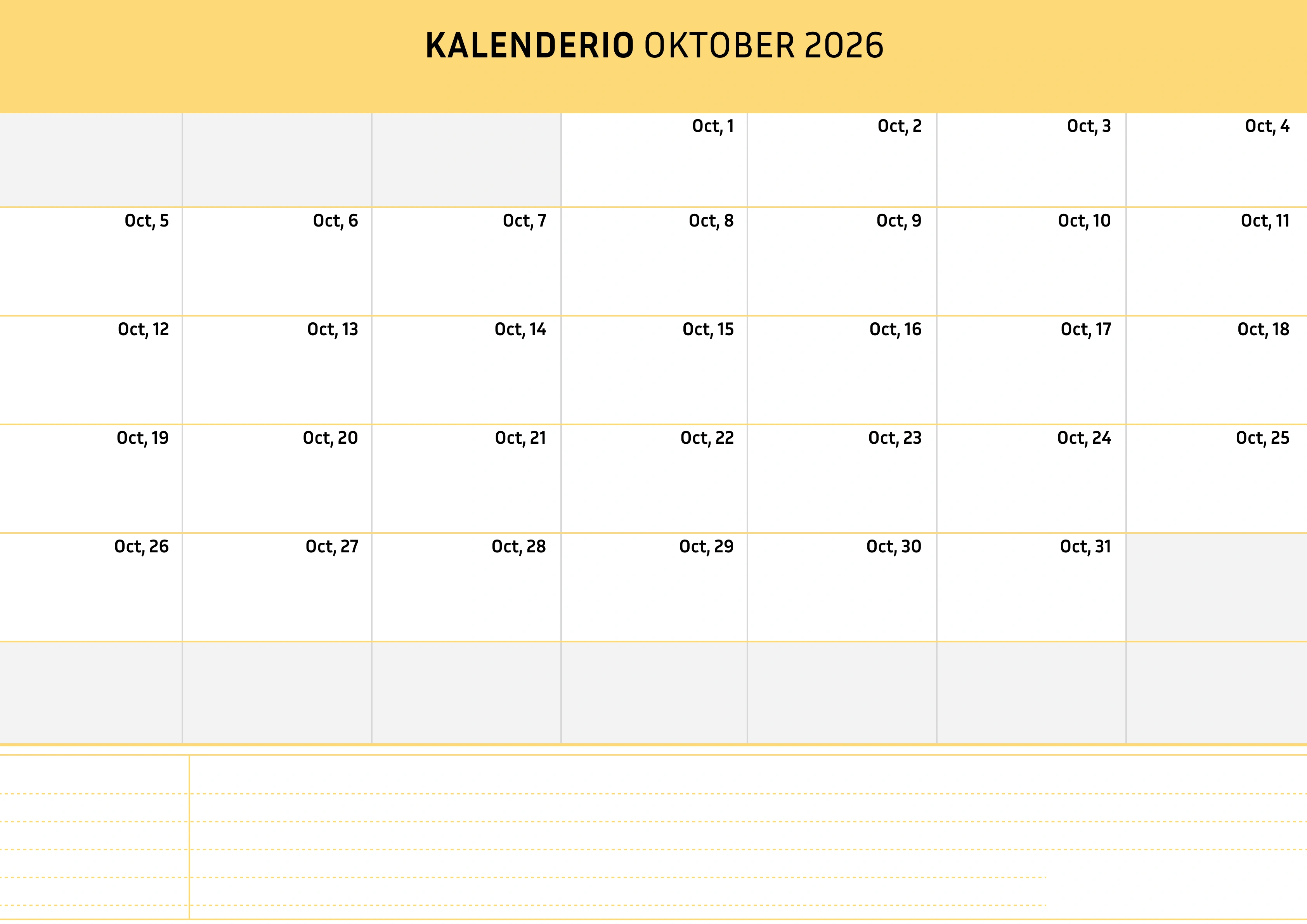 Oktober Kalender 2026 Cremfarben